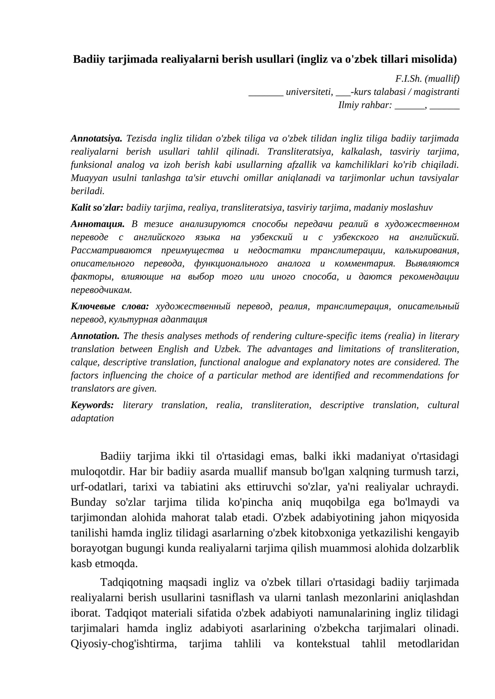 Na'muna tezis 10 Filologiya va tilshunoslik Badiiy tarjimada realiyalarni berish usullari ingliz va ozbe namuna