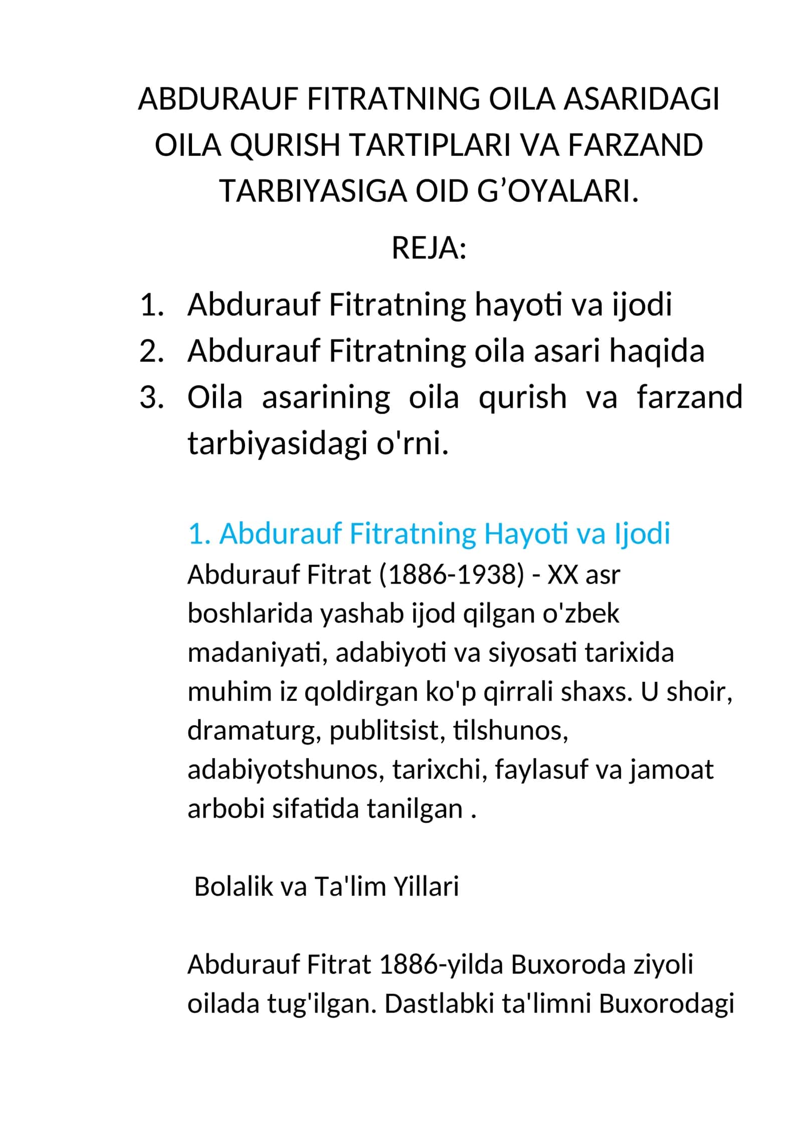 Abdurauf Fitratning oila asaridagi oila qurish tartiplari va farzand tarbiyasiga oid g’oyalari
