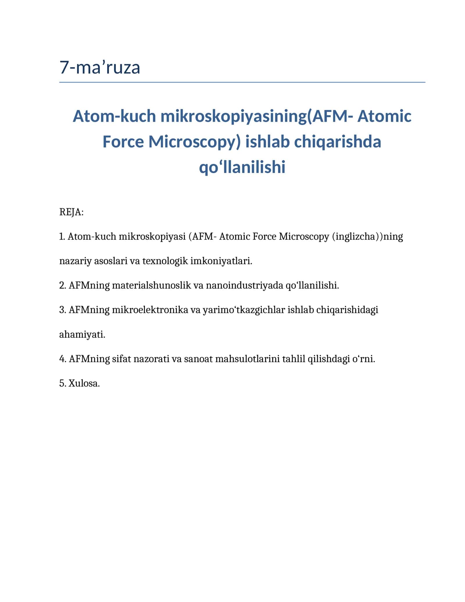 Atom-kuch mikroskopiyasi (AFM- Atomic Force Microscopy)
