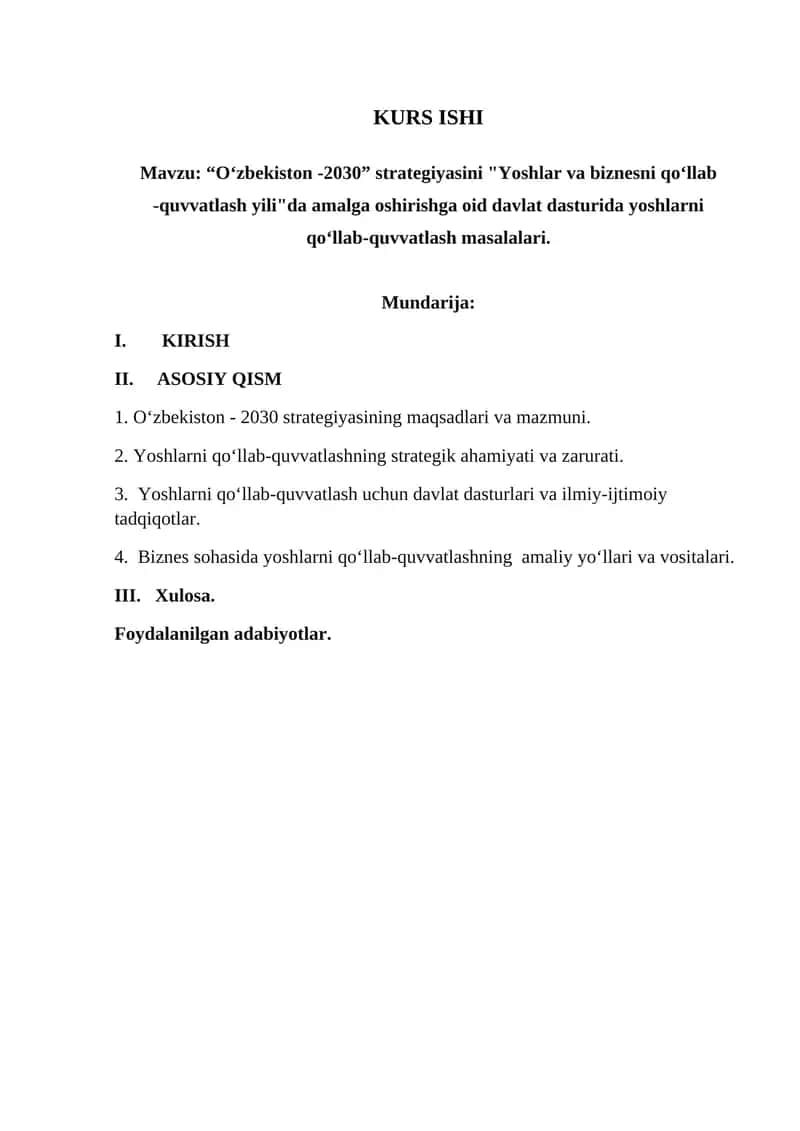 “O‘zbekiston -2030” strategiyasini "Yoshlar va biznesni qo‘llab -quvvatlash yili"da amalga oshirishga oid davlat dasturida yoshlarni