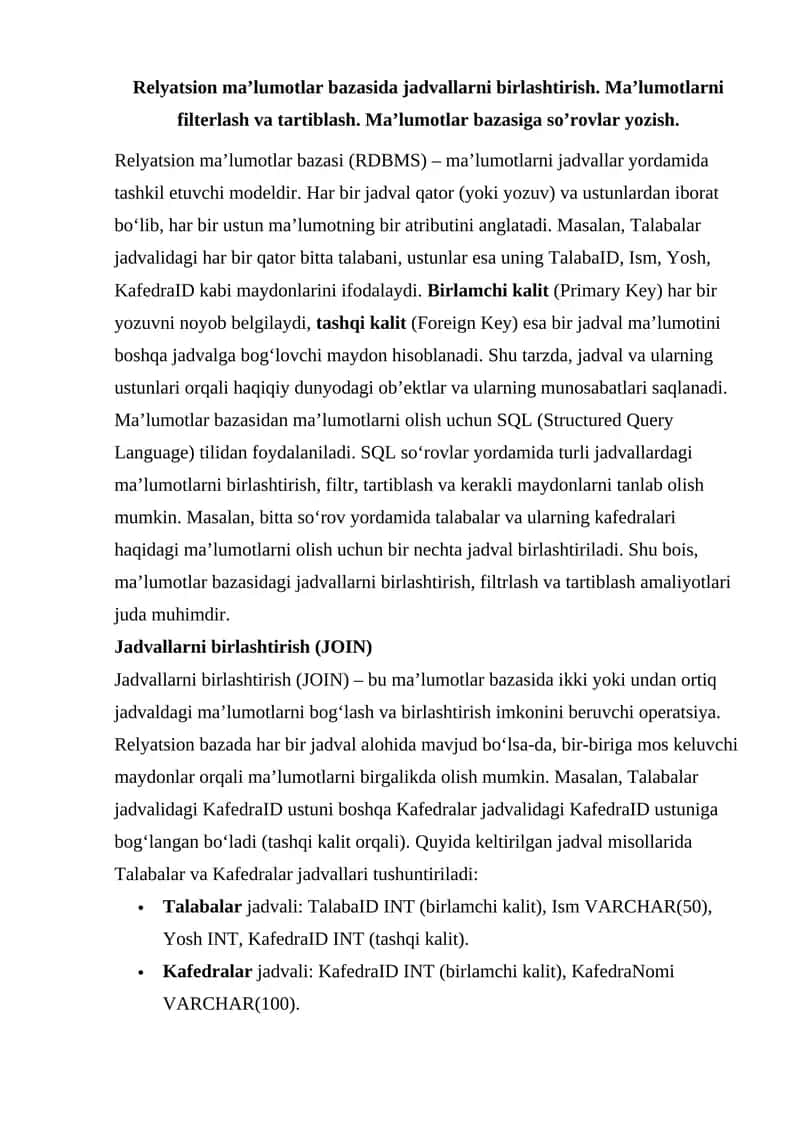 Relyatsion ma’lumotlar bazasi