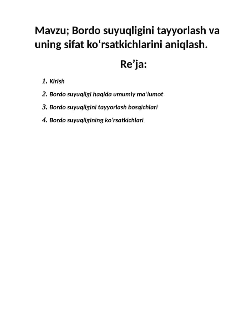 Bordo suyuqligini tayyorlash va uni sifsat ko'rsatkichlarini aniqlash
