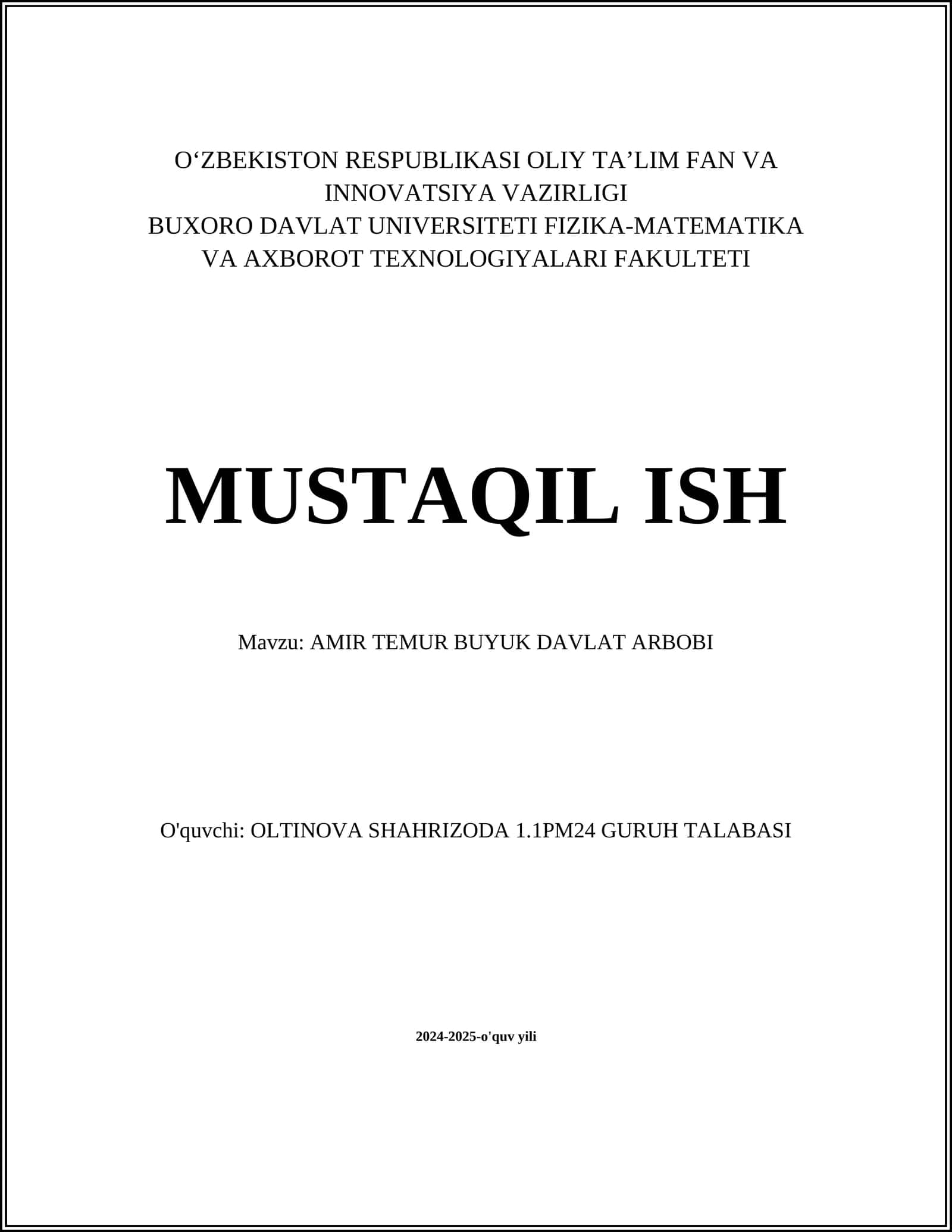 AMIR TEMUR BUYUK DAVLAT ARBOBI
