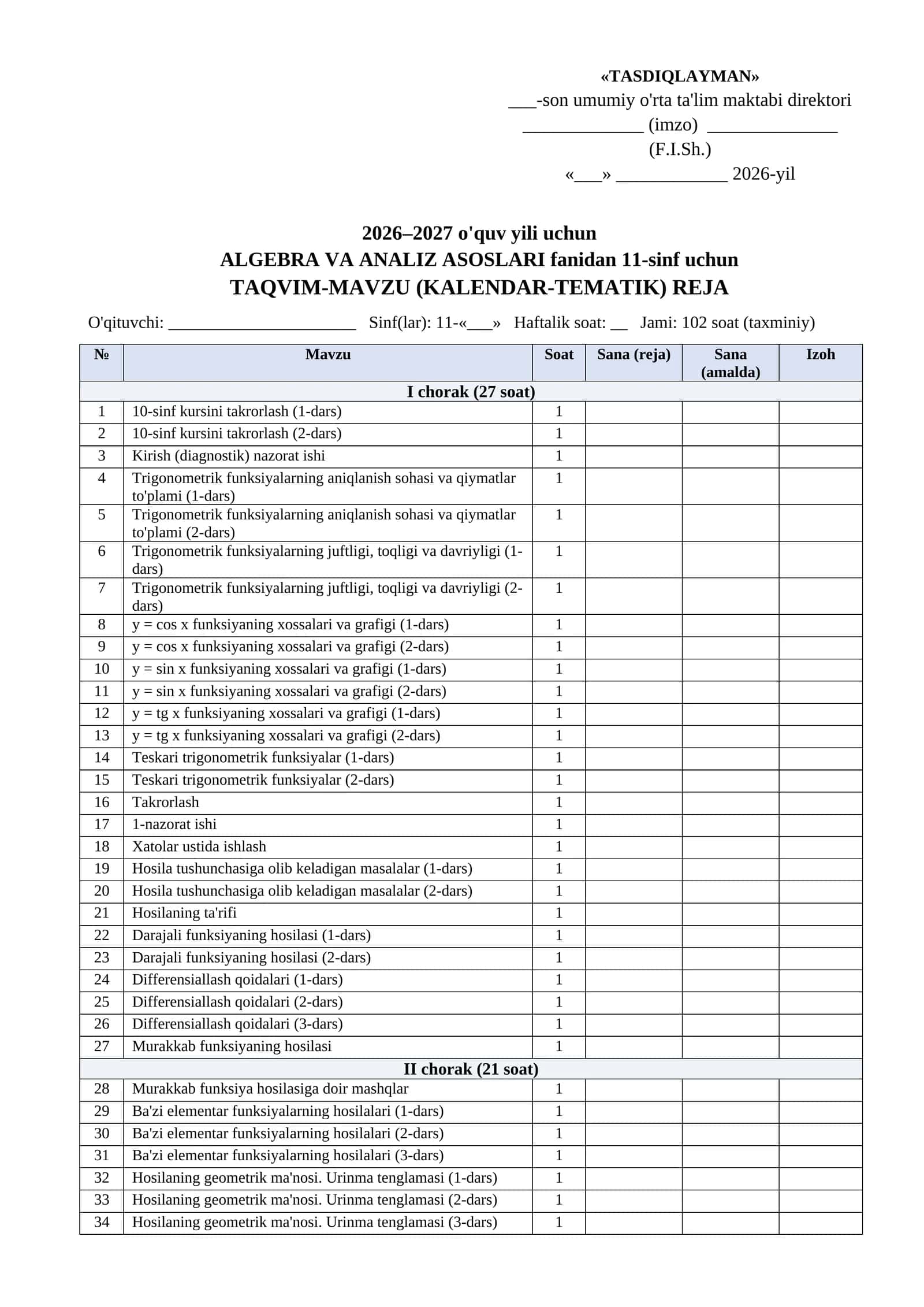 Kalendar tematik reja 2026-2027 11 sinf Algebra va analiz asoslari word tayyorgarlik toplami