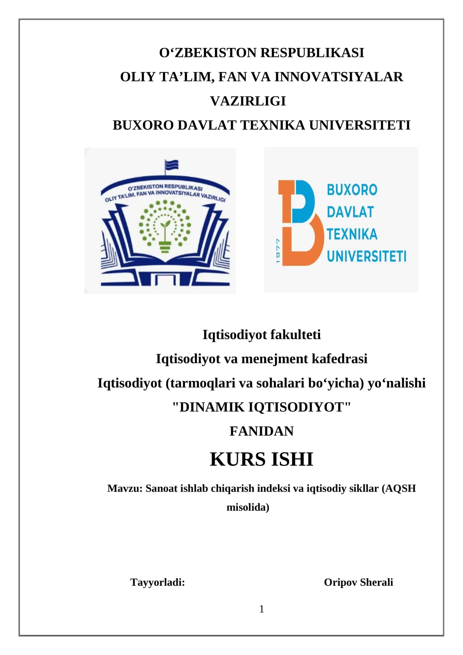 "DINAMIK IQTISODIYOT" KURS ISHI