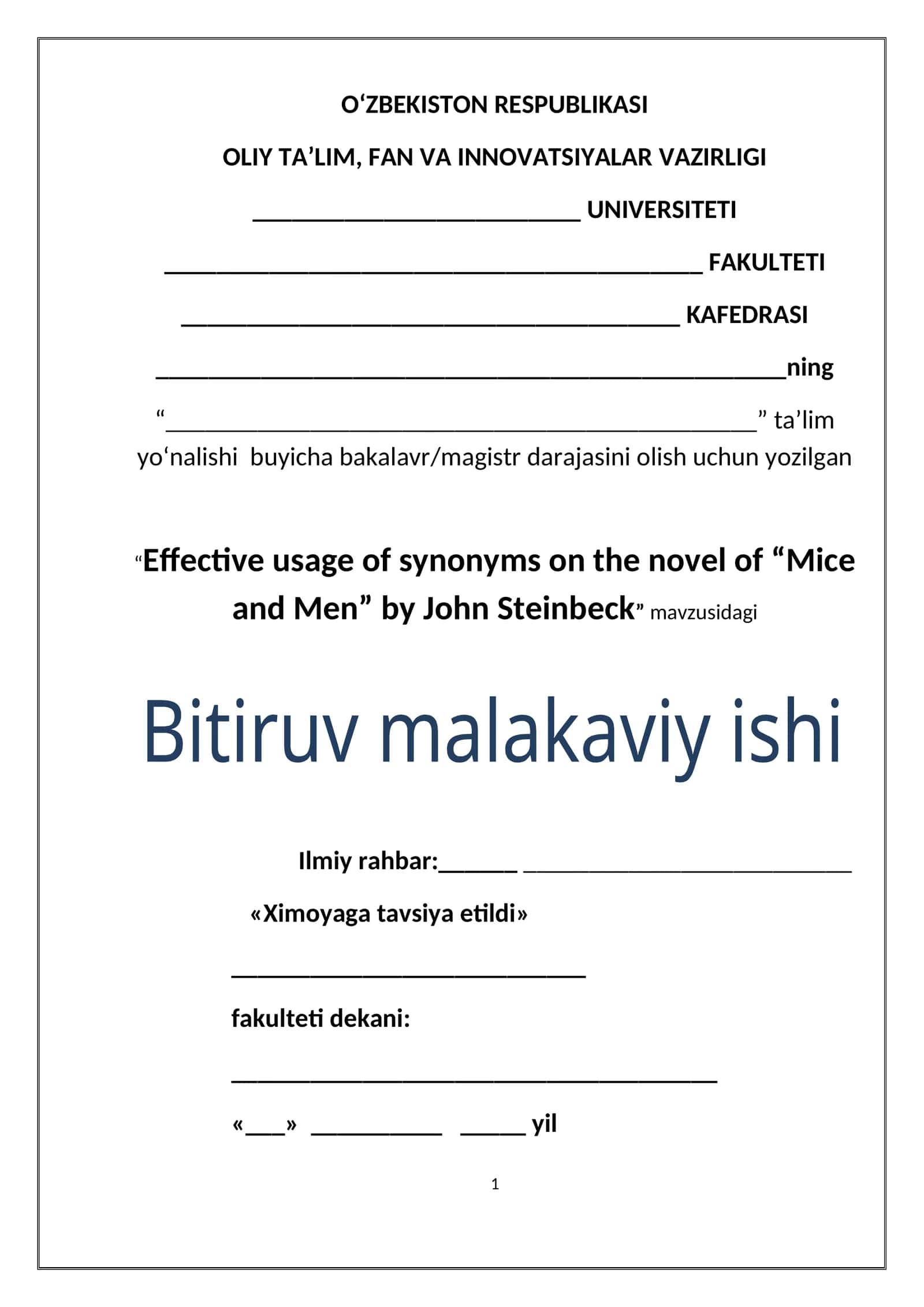 Effective usage of synonyms on the novel of “Mice and Men” by John Steinbeck