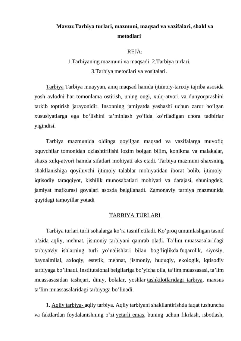 Tarbiya turlari, mazmuni, maqsad va vazifalari, shakl va metodlari