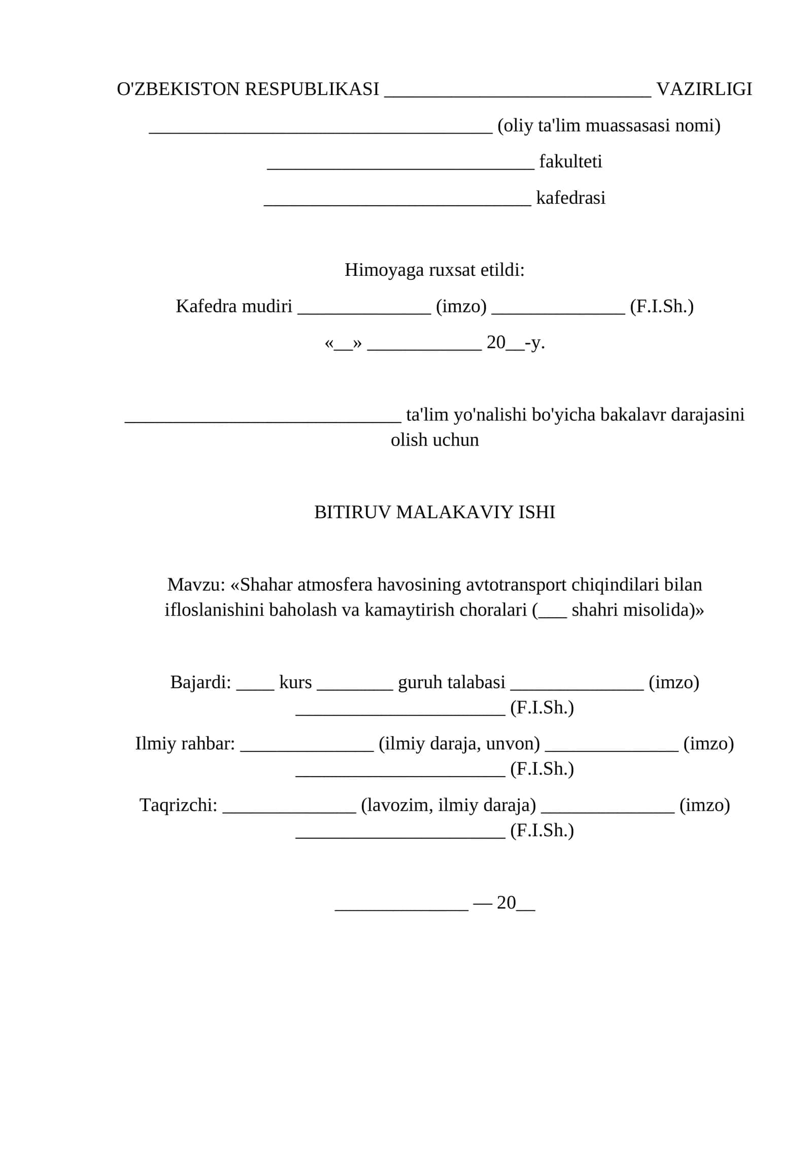 Ekologiya BMI namunasi Shahar atmosfera havosining avtotransport chiqindi