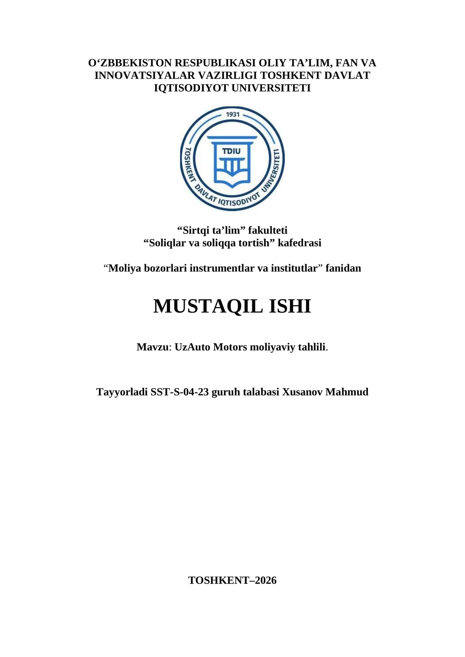 UzAuto Motors moliyaviy tahlili