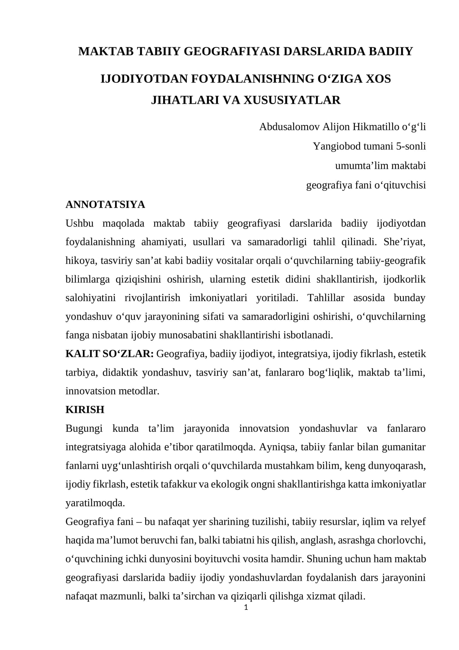 MAKTAB TABIIY GEOGRAFIYASI DARSLARIDA BADIIY IJODIYOTDAN FOYDALANISHNING O‘ZIGA XOS JIHATLARI VA XUSUSIYATLAR