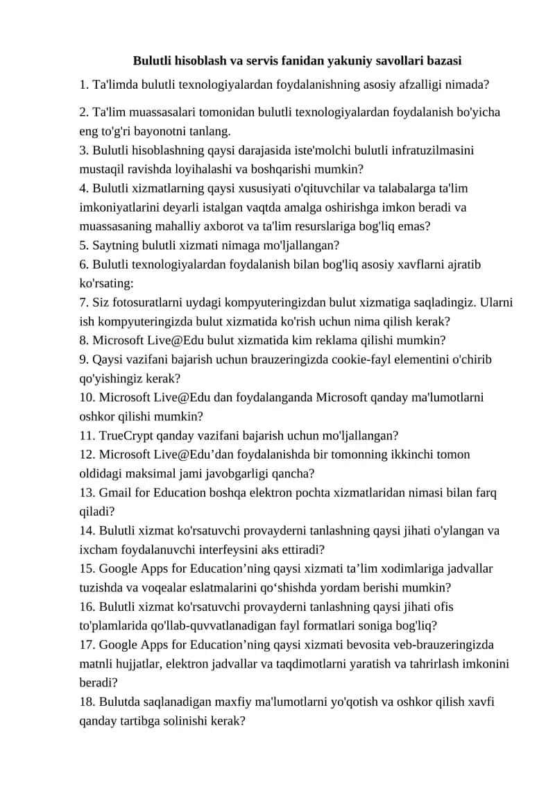 Bulutli hisoblash va servis fanidan yakuniy savollari bazasi