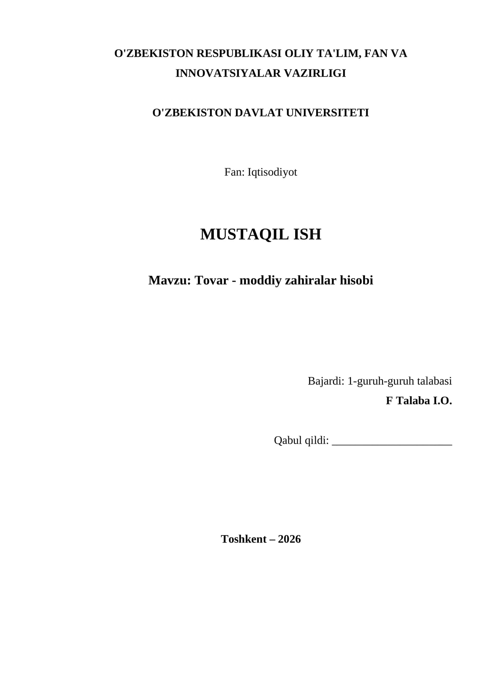 Tovar - moddiy zahiralar hisobi