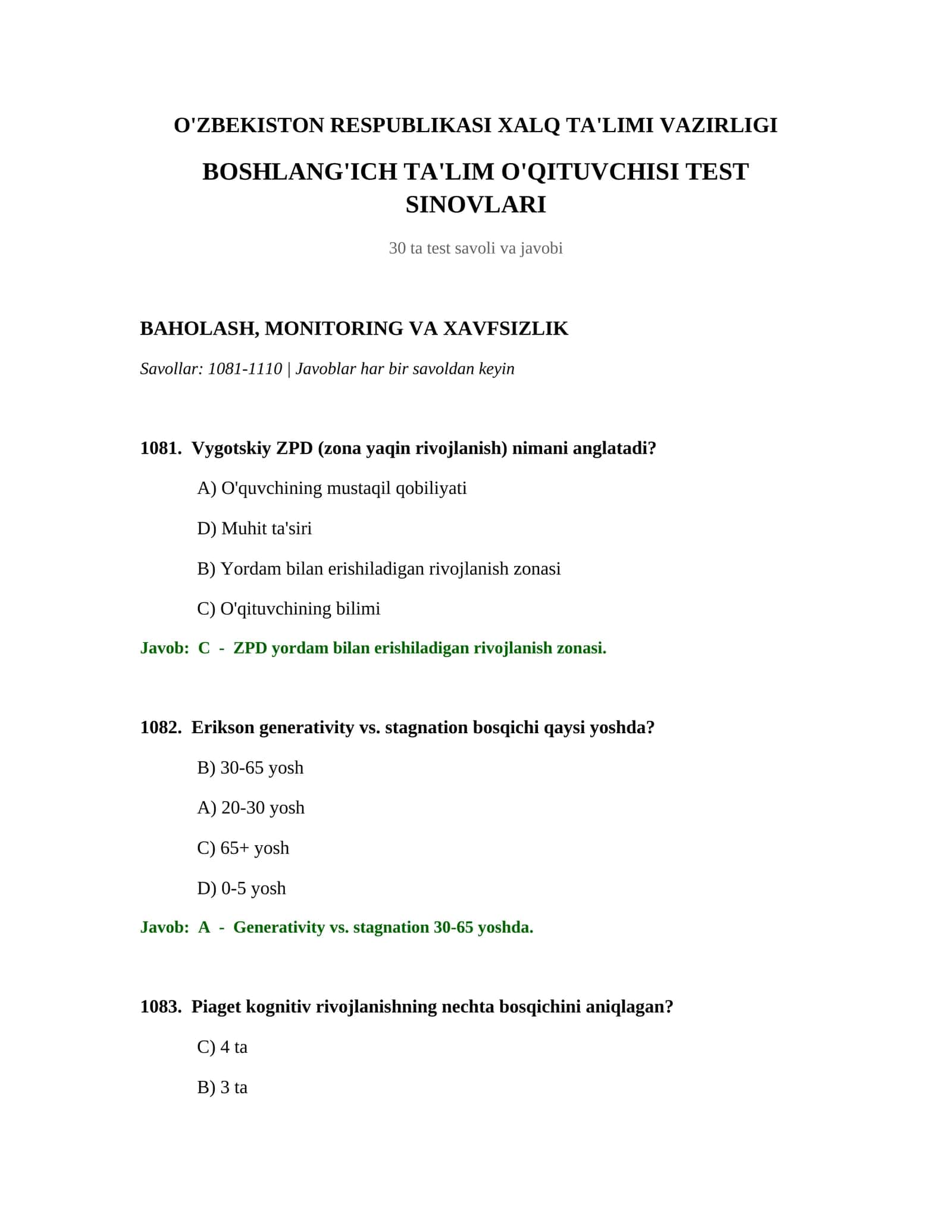 BOSHLANG'ICH TA'LIM O'QITUVCHISI TEST SINOVLARI