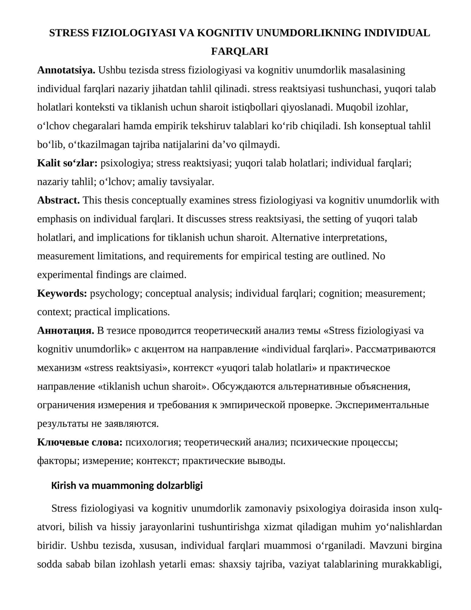 STRESS FIZIOLOGIYASI VA KOGNITIV UNUMDORLIKNING INDIVIDUAL FARQLARI