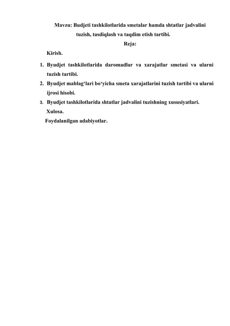 Byudjet tashkilotlarida smetalar hamda shtatlar jadvalini tuzish, tasdiqlash va taqdim etish tartibi