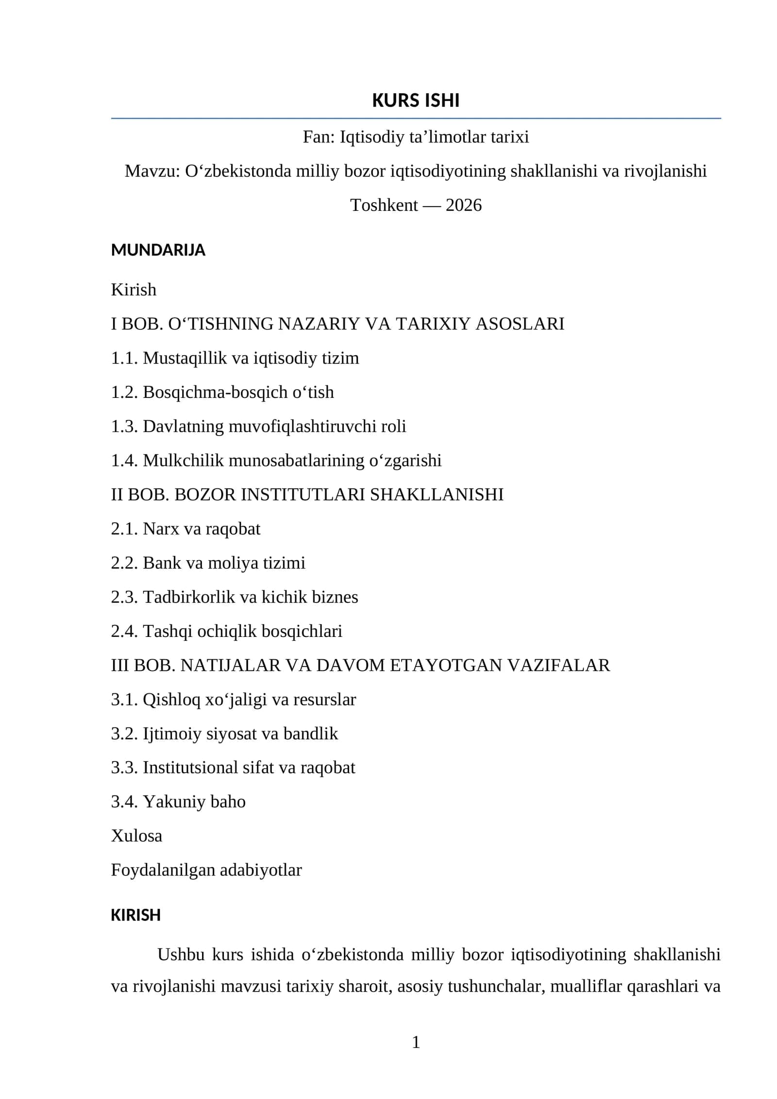 O‘zbekistonda milliy bozor iqtisodiyotining shakllanishi va rivojlanishi