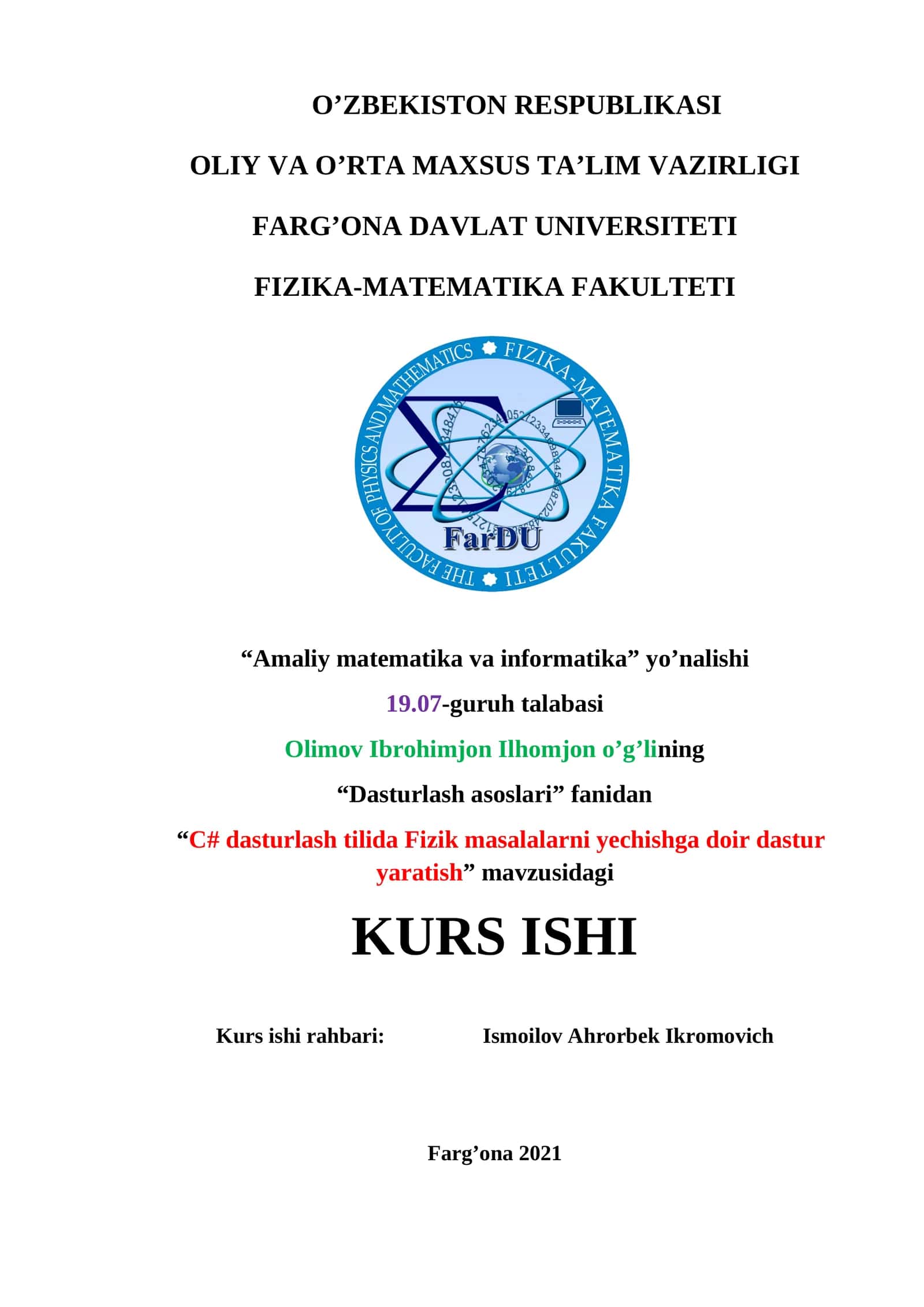“C# dasturlash tilida Fizik masalalarni yechishga doir dastur yaratish” mavzusidagi KURS ISHI