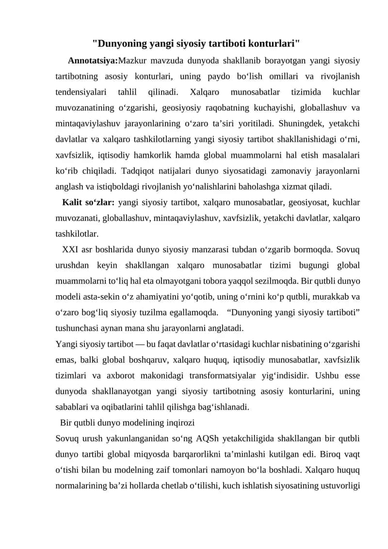 Dunyoning yangi siyosiy tartiboti konturlari