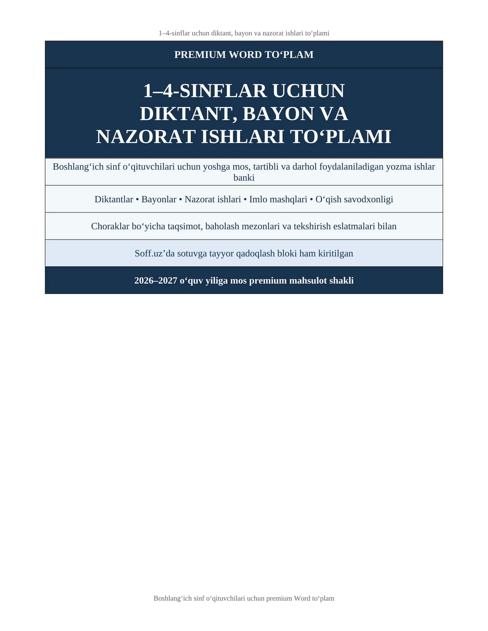 1–4-sinflar uchun diktant, bayon va nazorat ishlari to‘plami