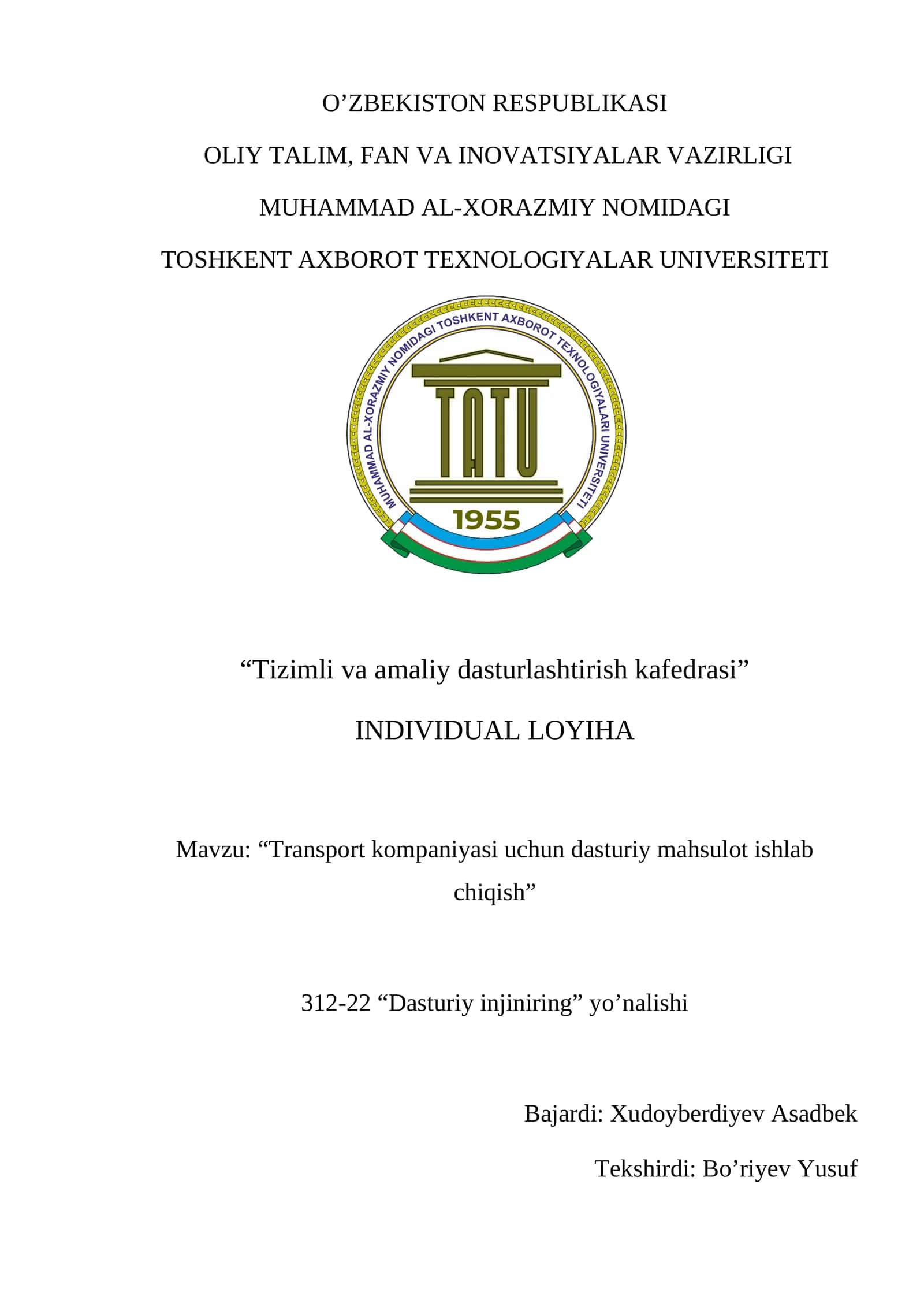 Transport kompaniyasi uchun dasturiy mahsulot ishlab chiqish