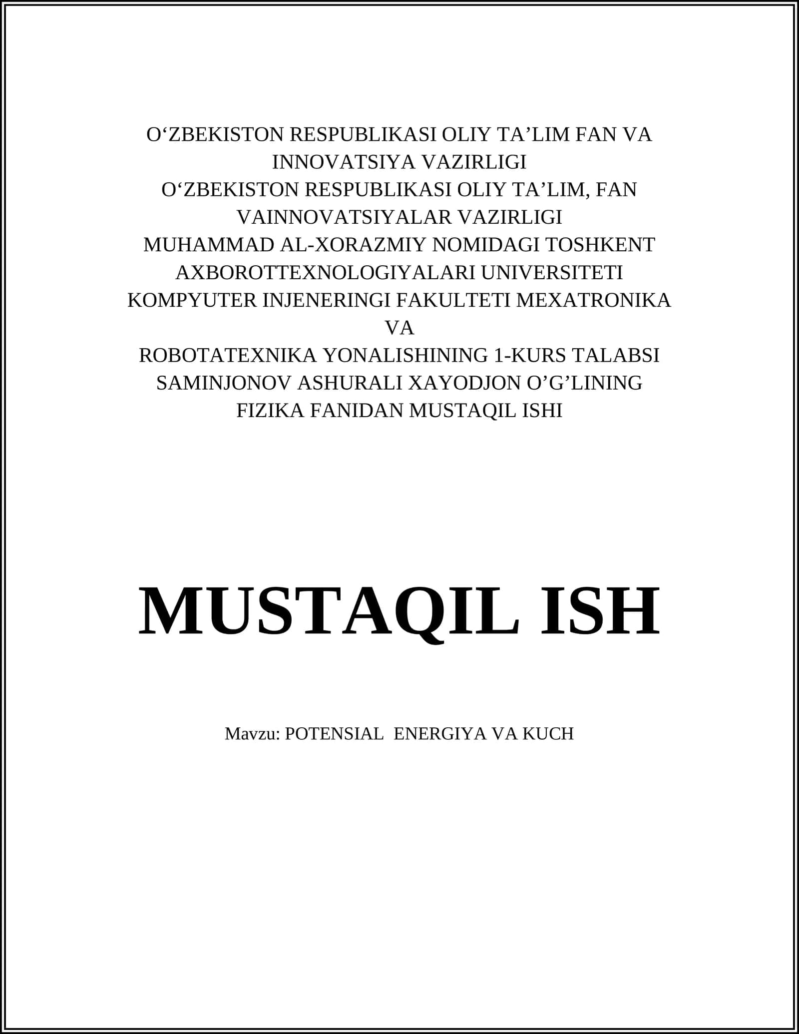 FIZIKA FANIDAN MUSTAQIL ISHI