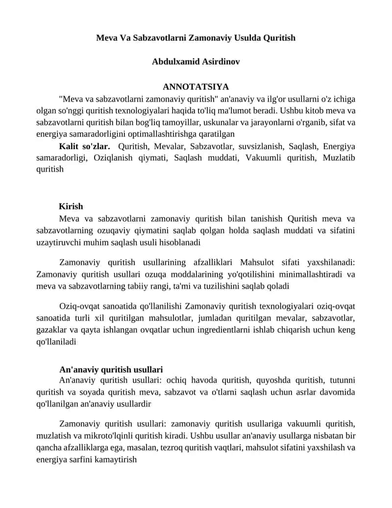 Meva Va Sabzavotlarni Zamonaviy Usulda Quritish