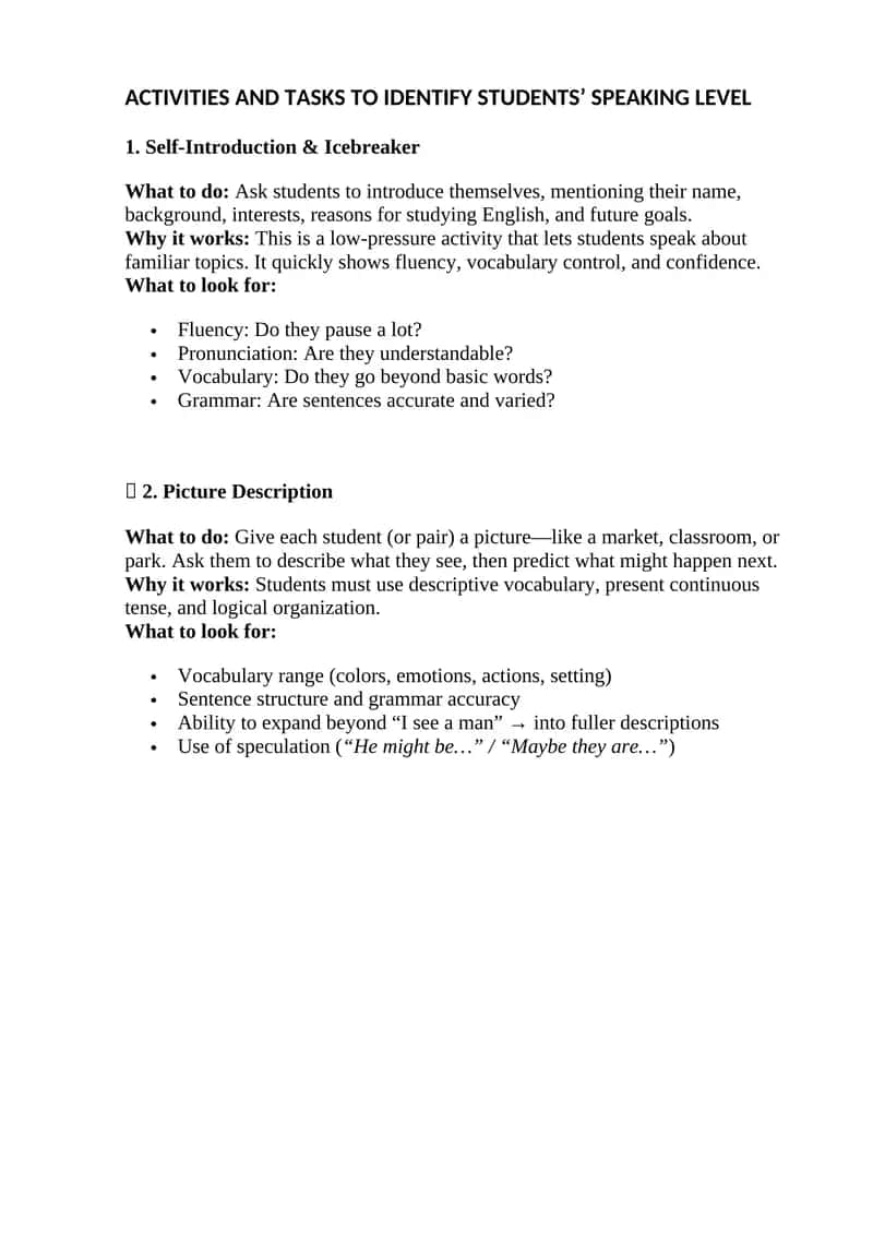 Activities and Tasks to Identify Students' Speaking Level