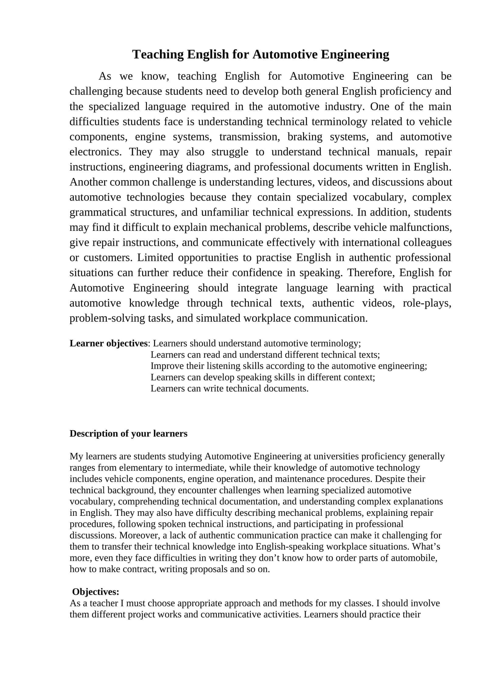 Teaching English for Automotive Engineering