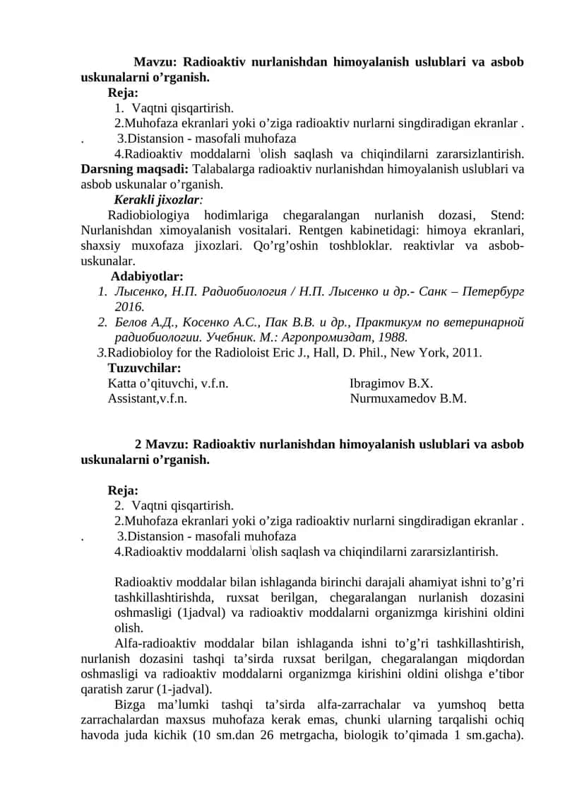 Radioaktiv nurlanishdan himoyalanish uslublari va asbob uskunalarni o’rganish