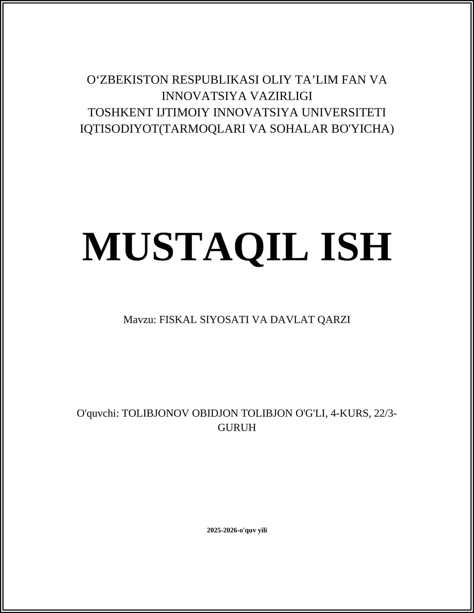 FISKAL SIYOSATI VA DAVLAT QARZI