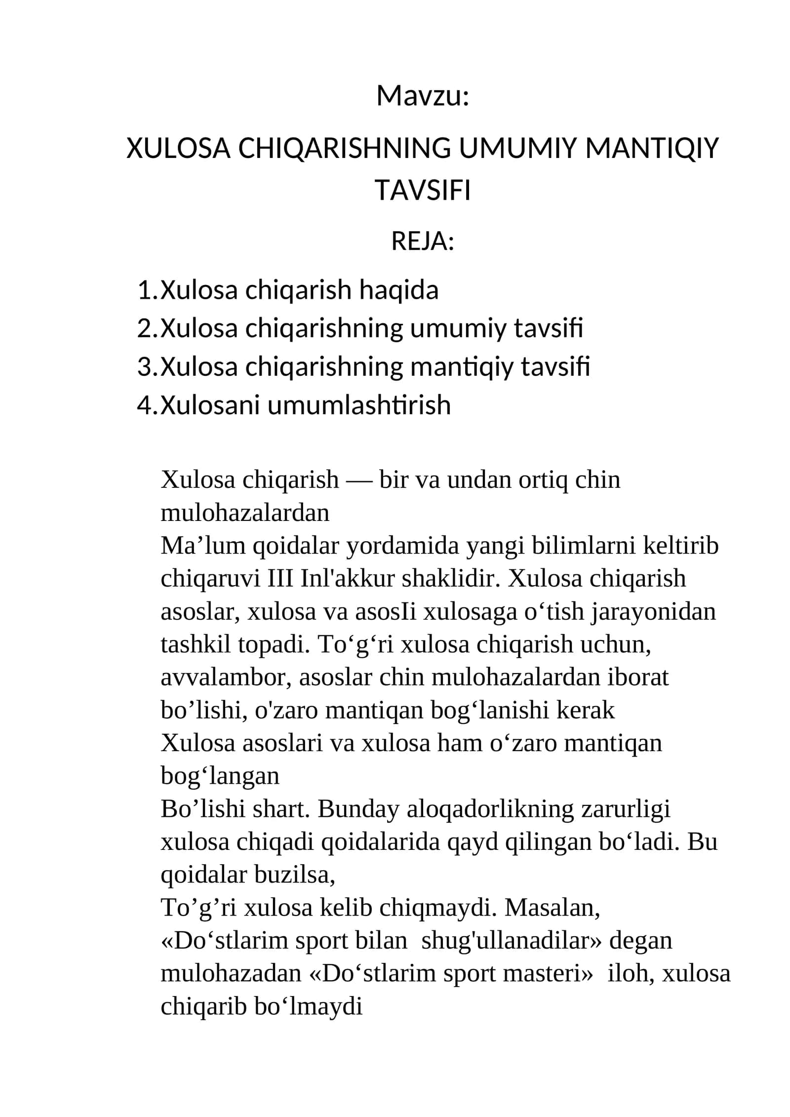 XULOSA CHIQARISHNING UMUMIY MANTIQIY TAVSIFI