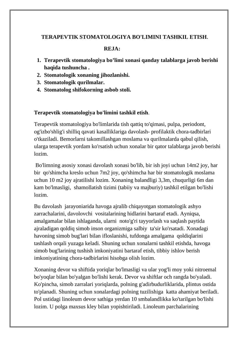 Terapevtik stomatologiya bo'limini tashkil etish