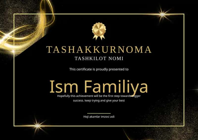 Tashakkurnoma shablon tayyori andoza