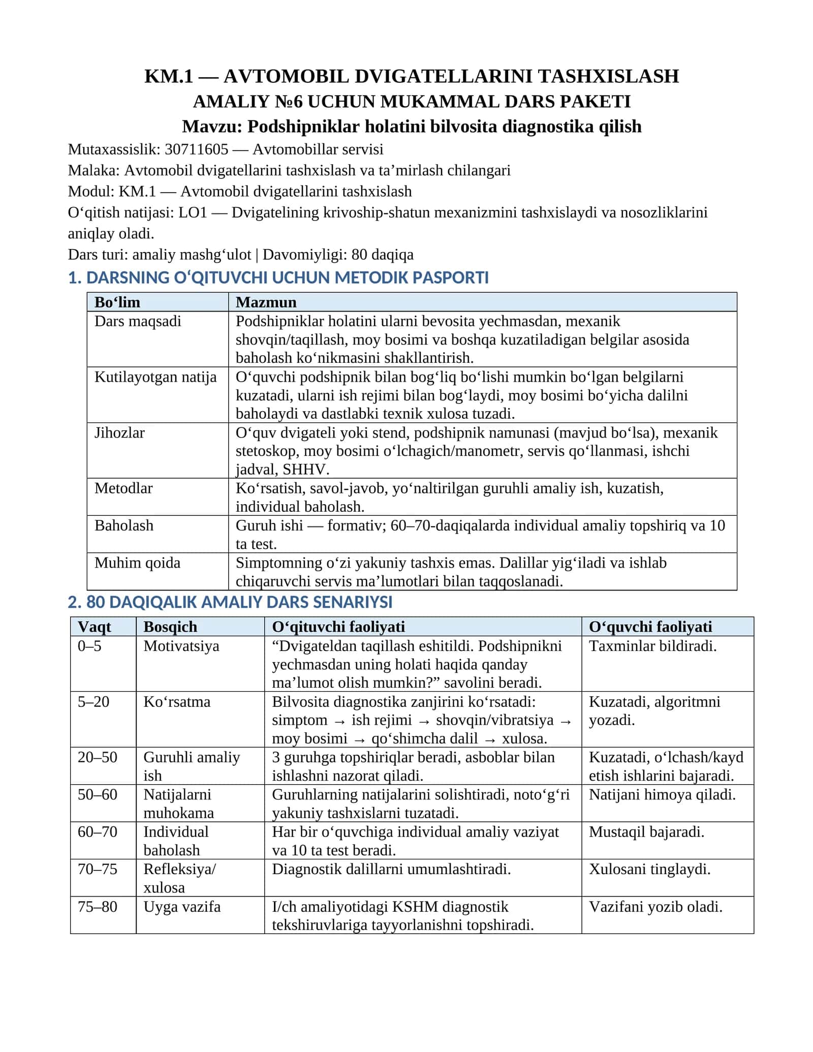 AVTOMOBIL DVIGATELLARINI TASHXISLASH AMALIY №6 UCHUN DARS PAKETI