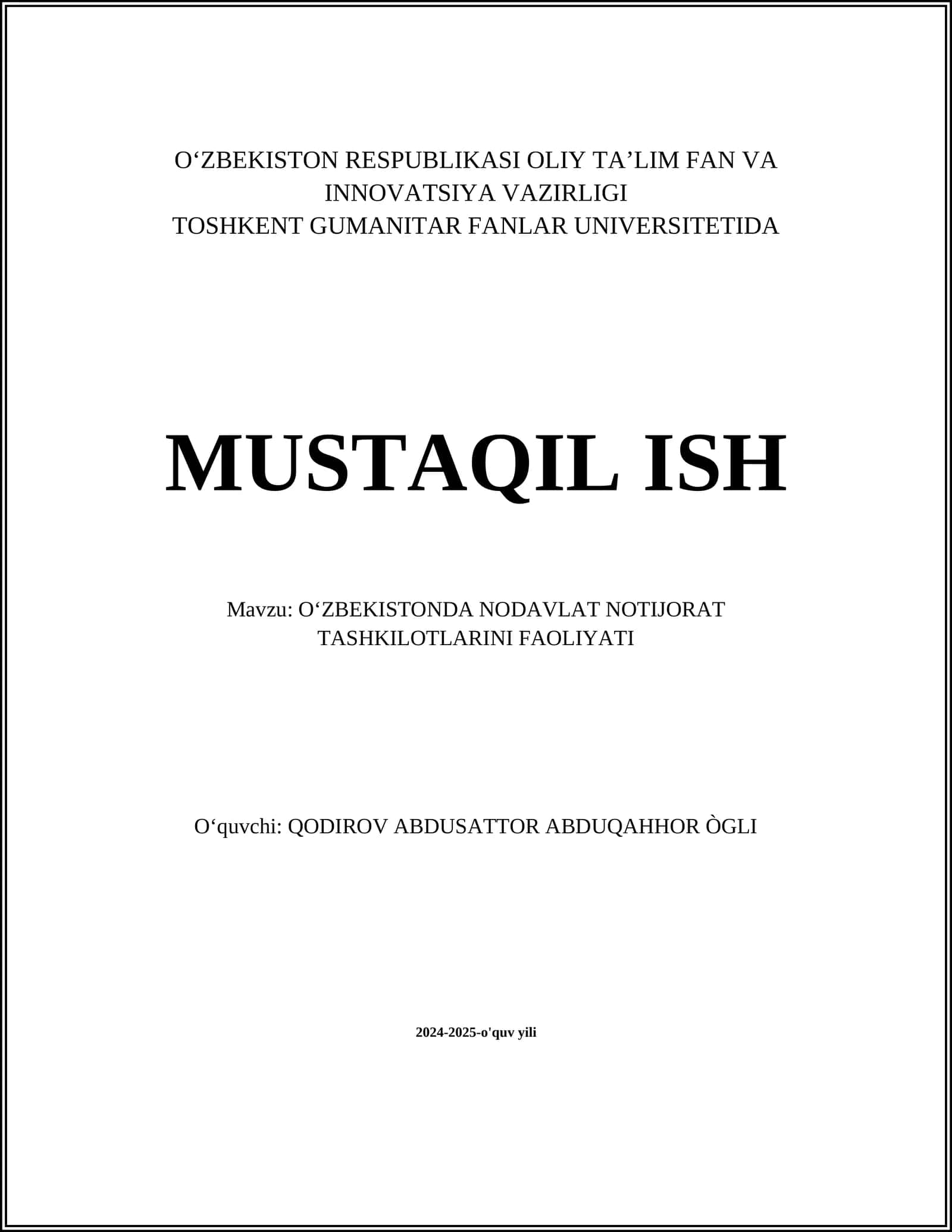 OʻZBEKISTONDA NODAVLAT NOTIJORAT TASHKILOTLARINI FAOLIYATI