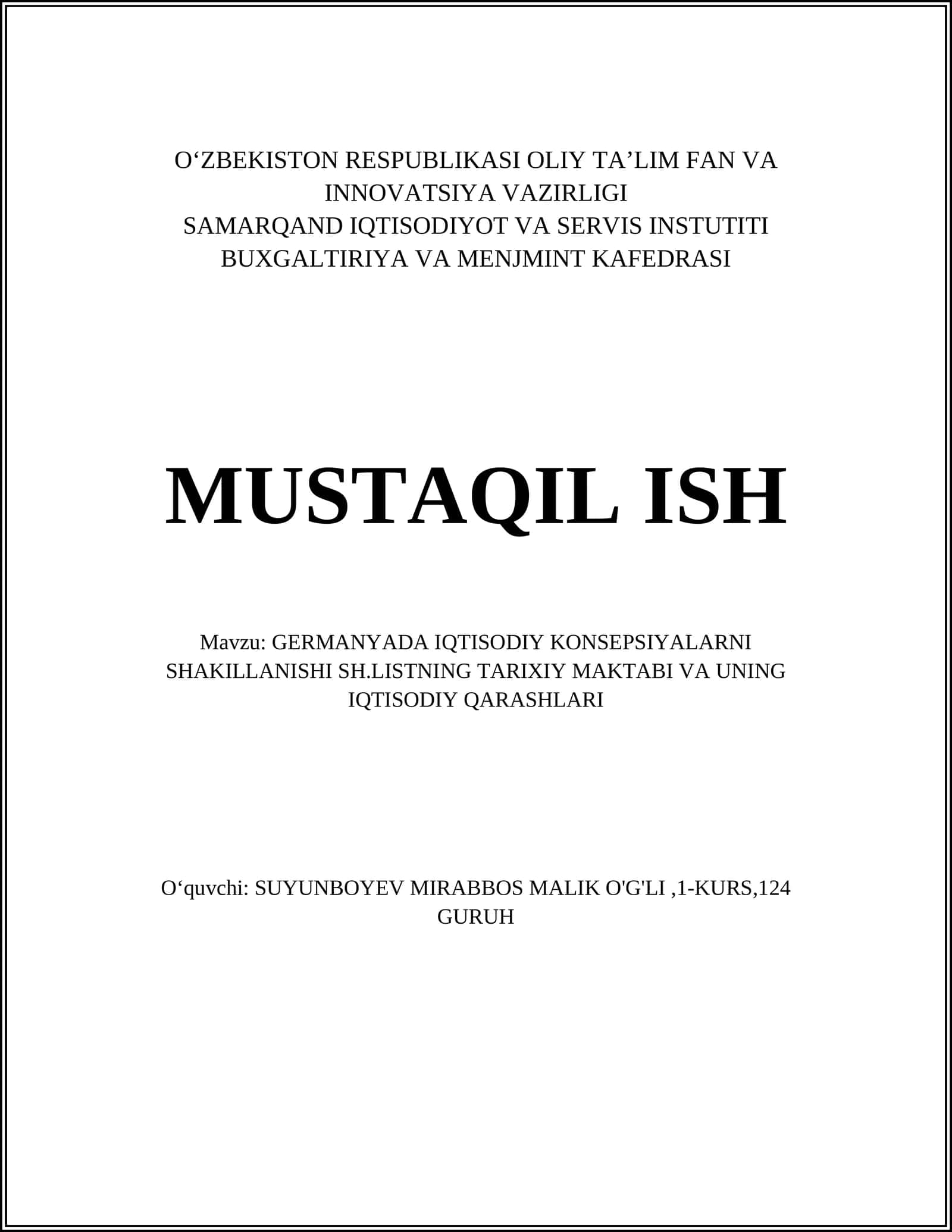 GERMANYADA IQTISODIY KONSEPSIYALARNI SHAKILLANISHI SH.LISTNING TARIXIY MAKTABI VA UNING IQTISODIY QARASHLARI