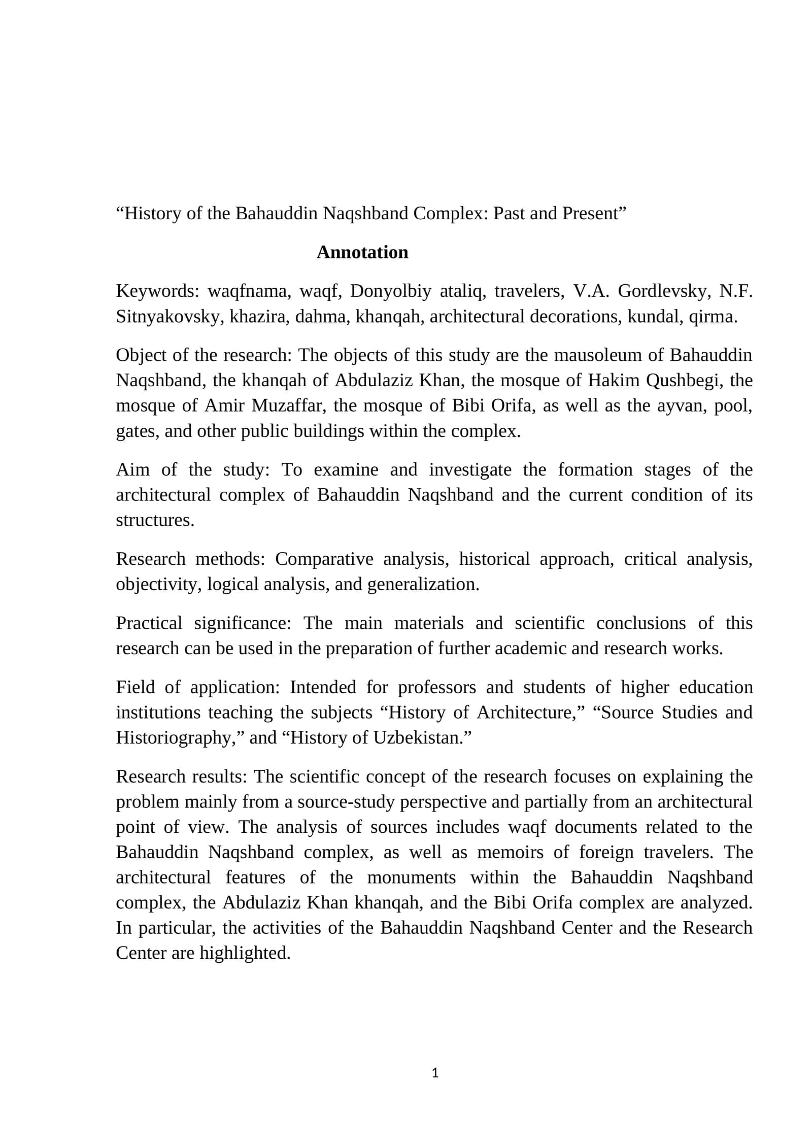 History of the Bahauddin Naqshband Complex: Past and Present