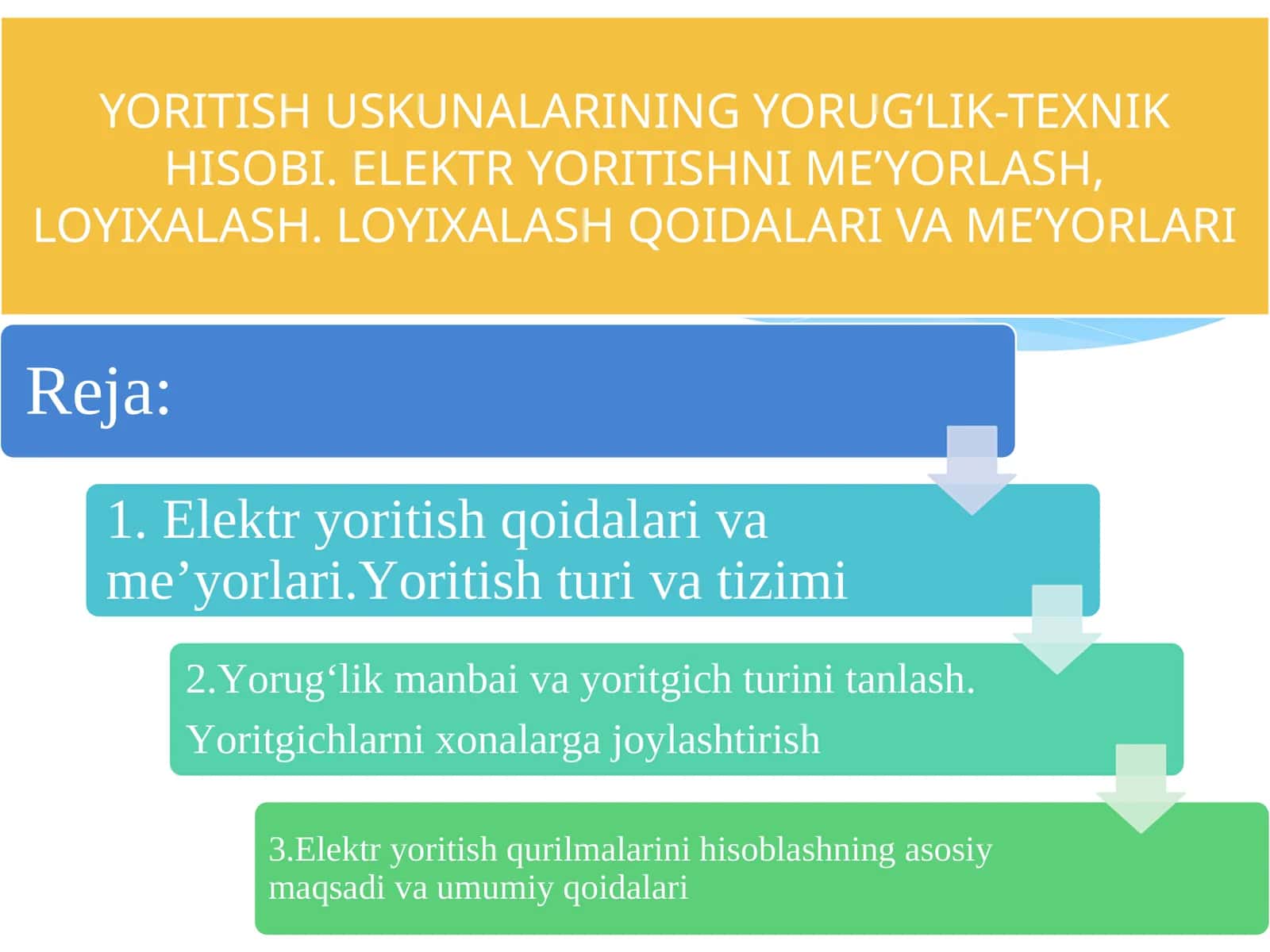 YORITISH USKUNALARINING YORUG‘LIK-TEXNIK HISOBI. ELEKTR YORITISHNI ME’YORLASH, LOYIXALASH. LOYIXALASH QOIDALARI VA ME’YORLARI