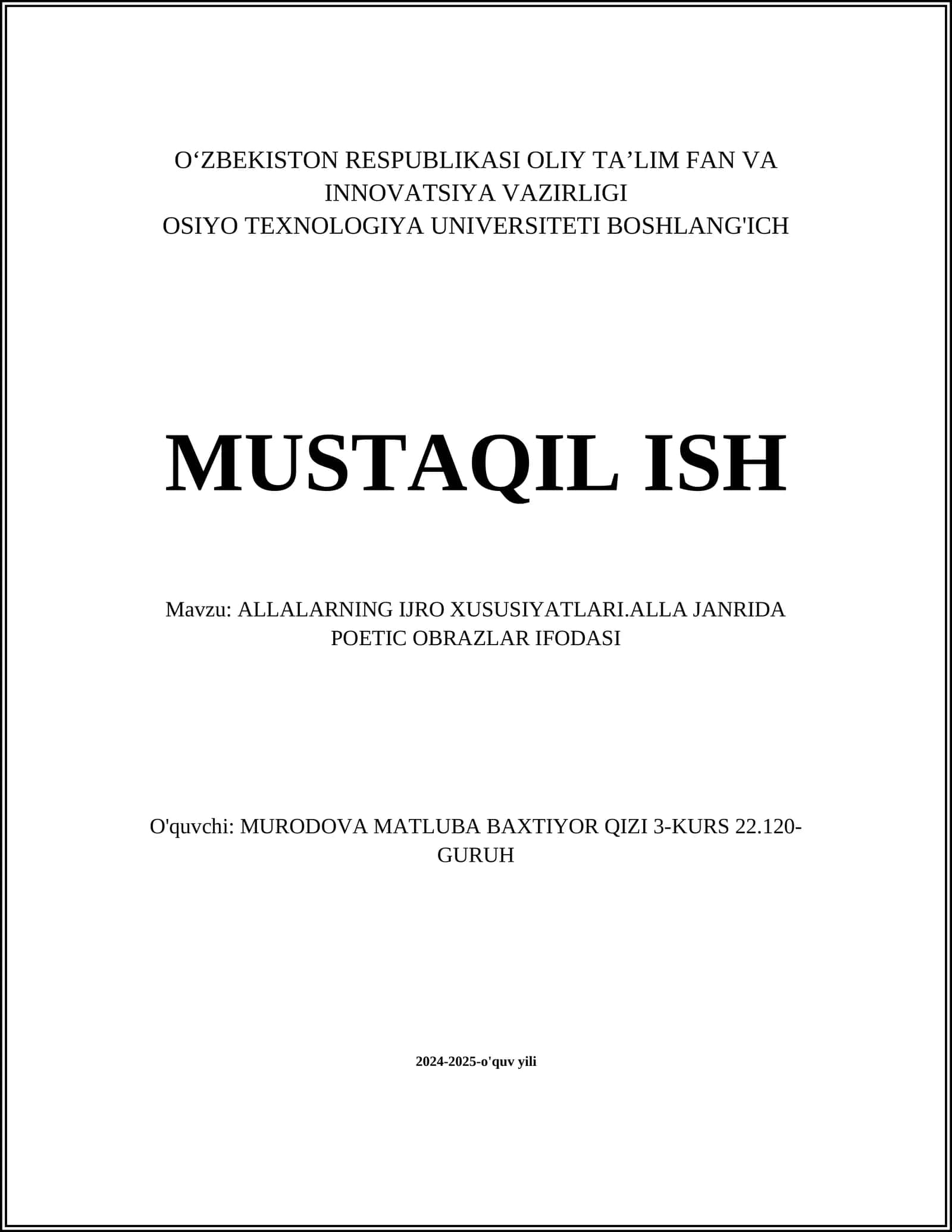 ALLALARNING IJRO XUSUSIYATLARI.ALLA JANRIDA POETIC OBRAZLAR IFODASI