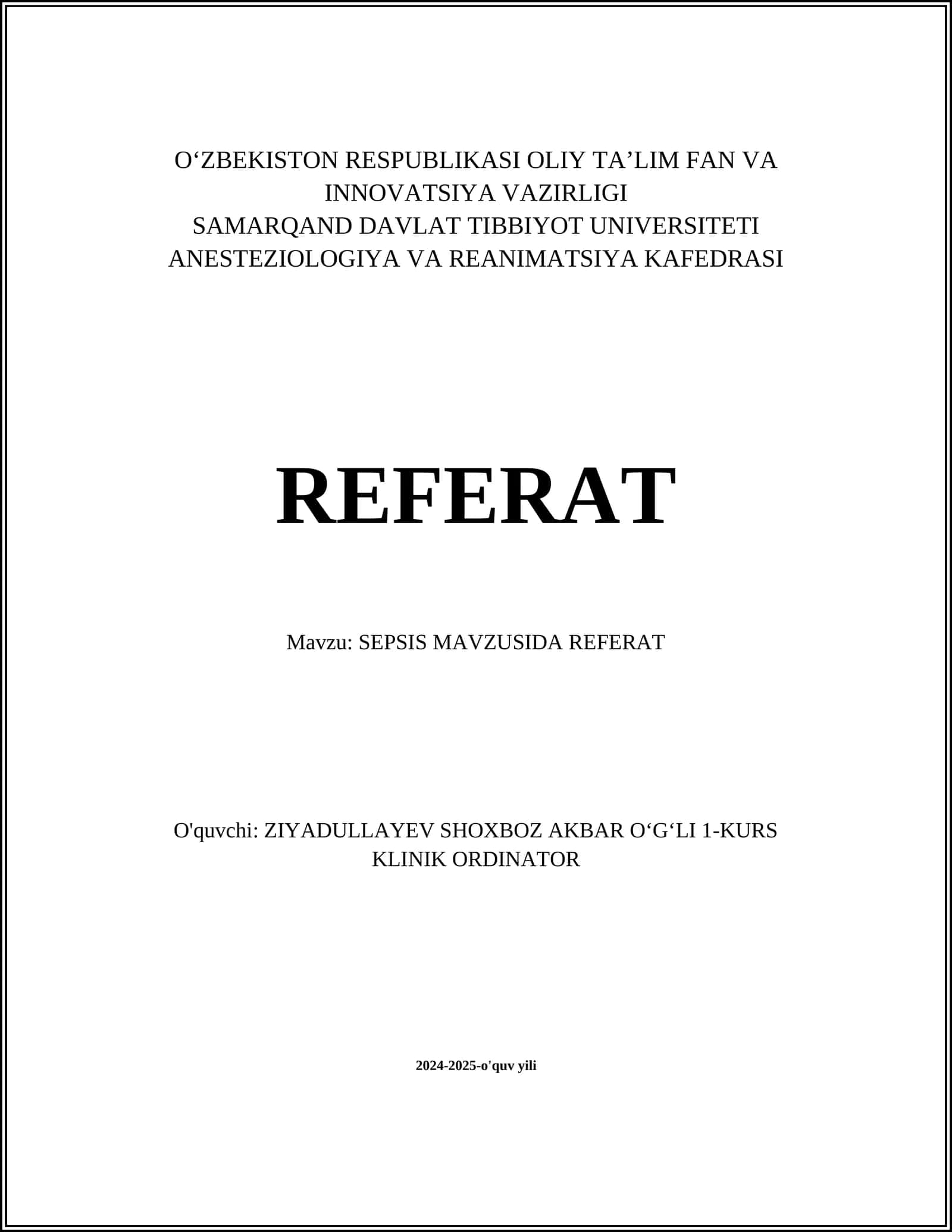 SEPSIS MAVZUSIDA REFERAT