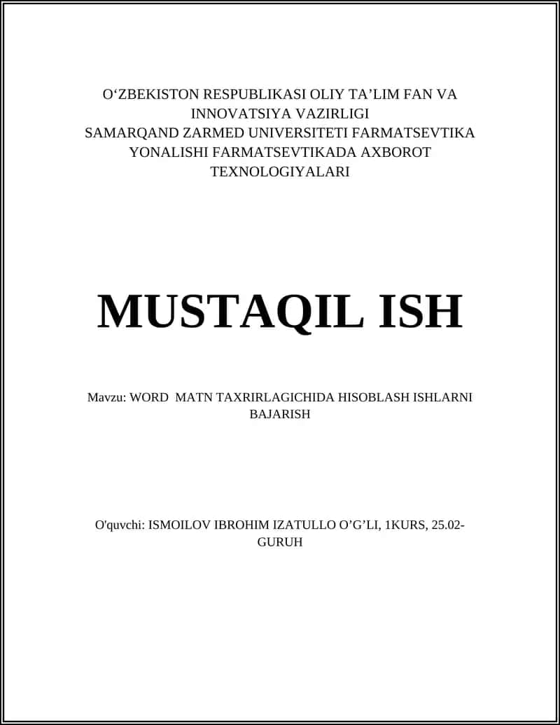 WORD MATN TAXRIRLAGICHIDA HISOBLASH ISHLARNI BAJARISH