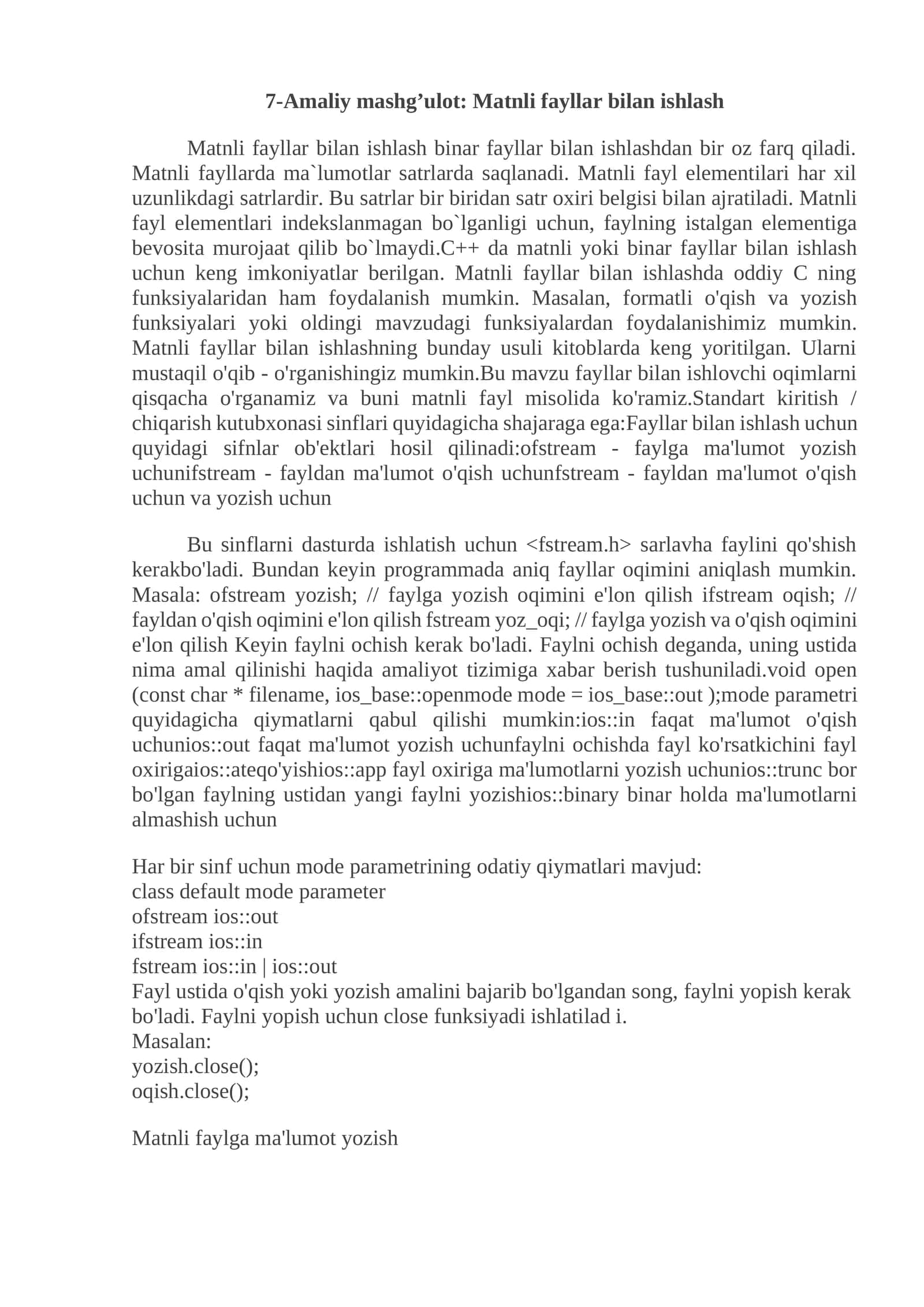 7-Amaliy mashg’ulot: Matnli fayllar bilan ishlash