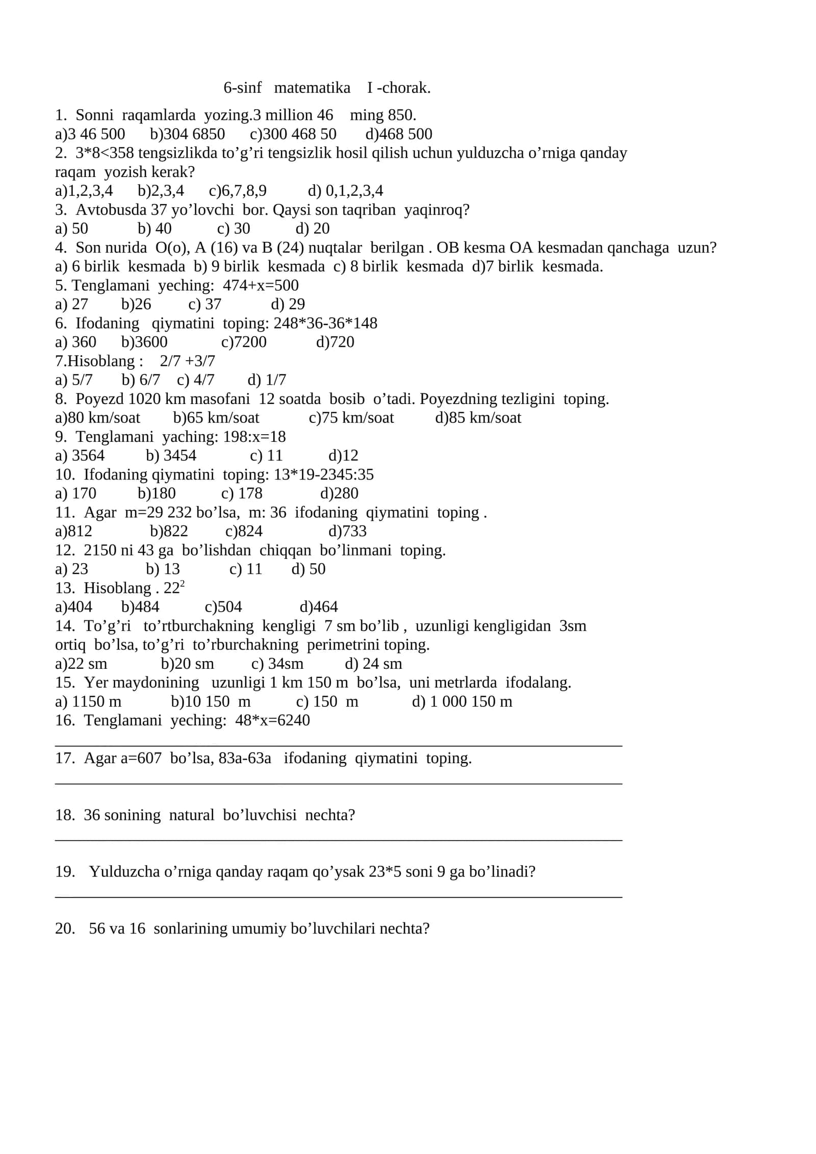 6-sinf matematika I -chorak
