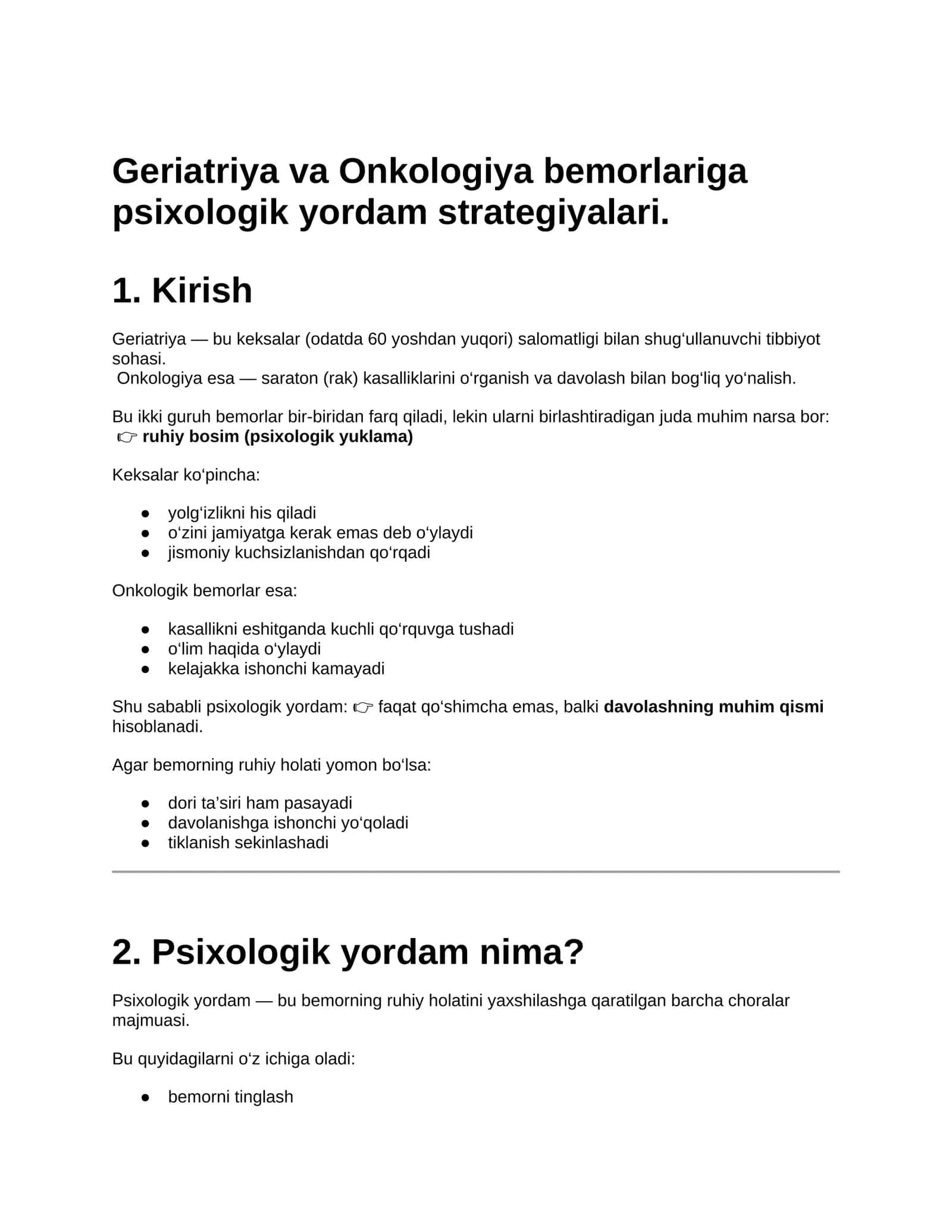 Geriatriya va Onkologiya bemorlariga psixologik yordam strategiyalari