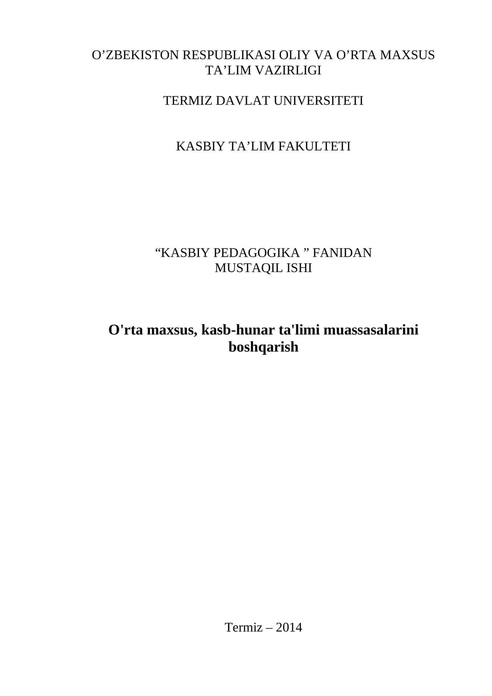 O'rta maxsus, kasb-hunar ta'limi muassasalarini boshqarish