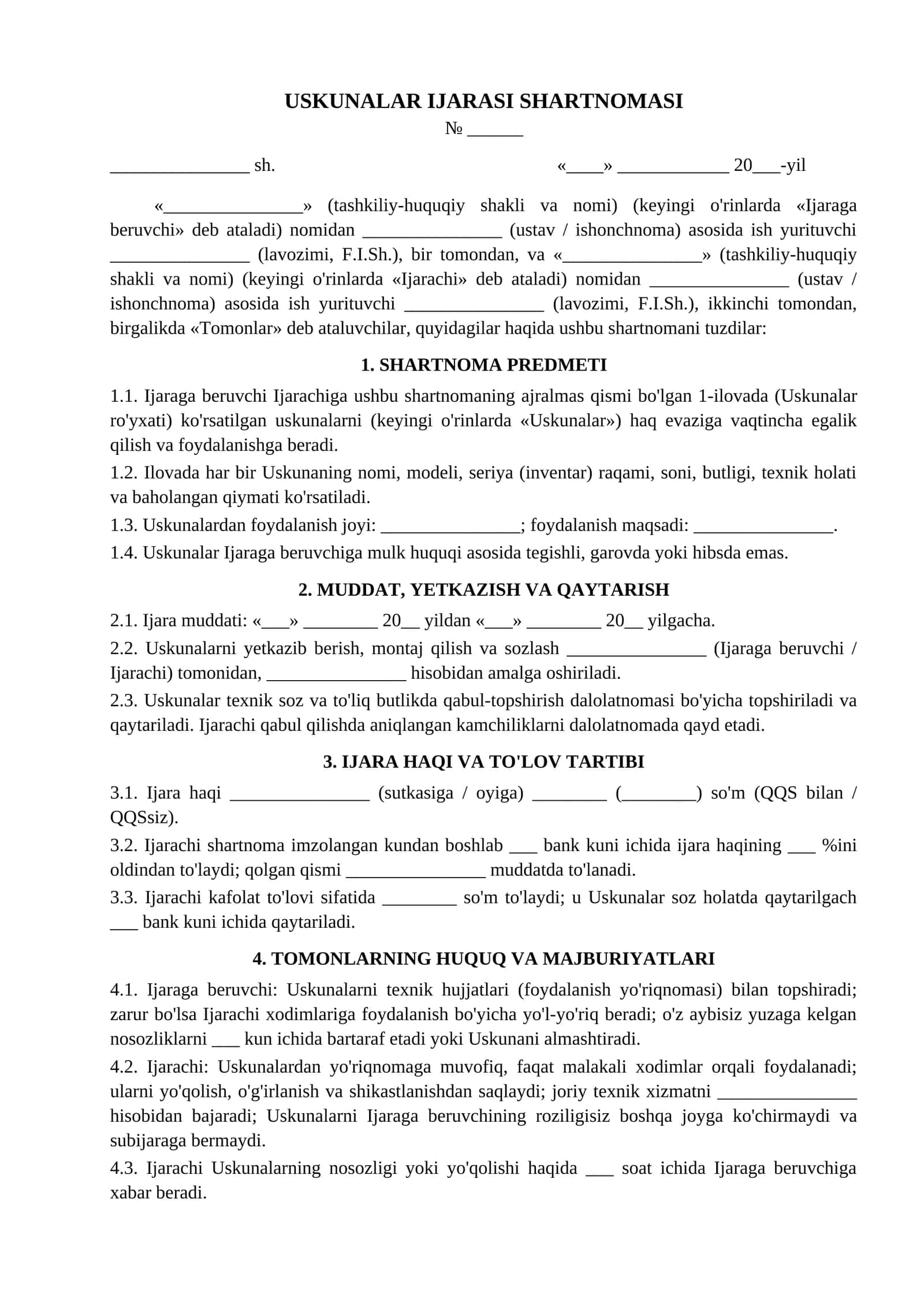 Uskunalar ijarasi shartnomasi ishlab chiqarish ofis tadbir uskunalari namunasi