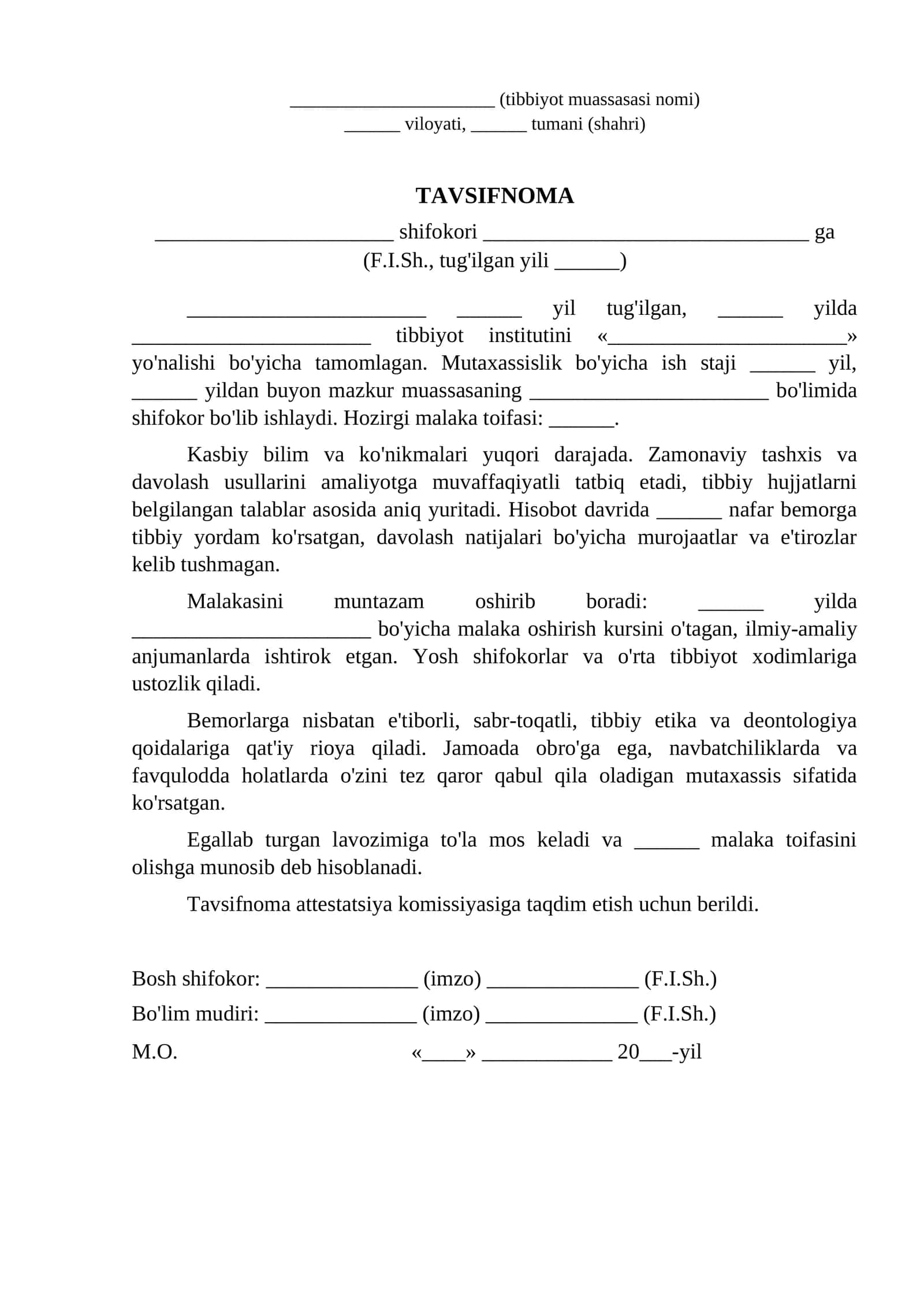 Shifokorga xarakteristika attestatsiyaga xarakteristika namunasi