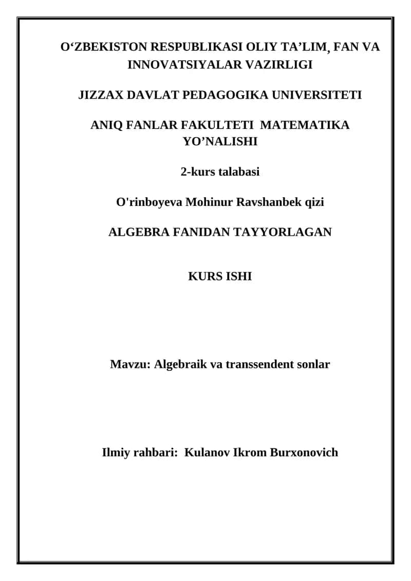 Algebraik va transsendent sonlar KURS ISHI