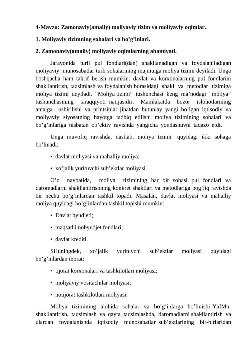 Zamonaviy(amaliy) moliyaviy tizim va moliyaviy oqimlar