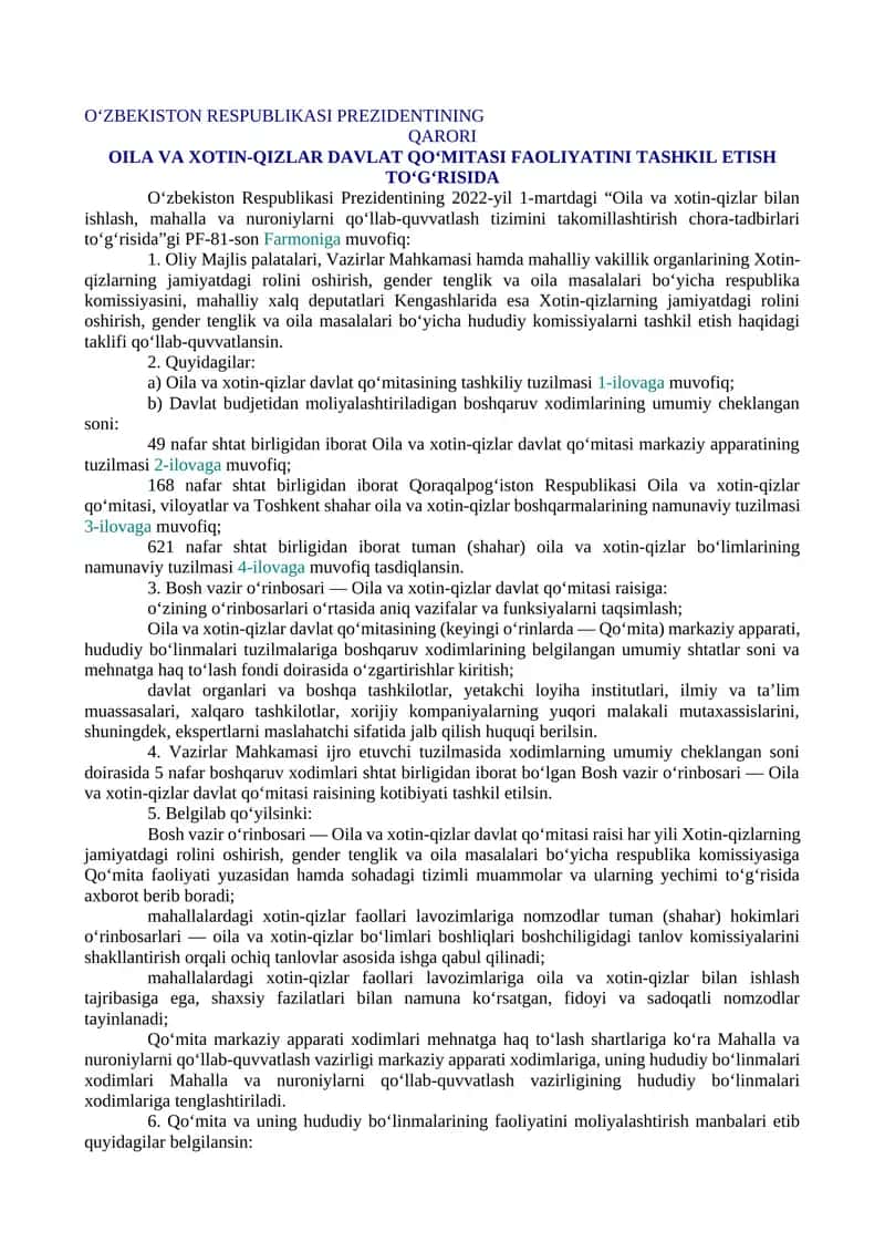 OILA VA XOTIN-QIZLAR DAVLAT QO‘MITASI FAOLIYATINI TASHKIL ETISH TO‘G‘RISIDA